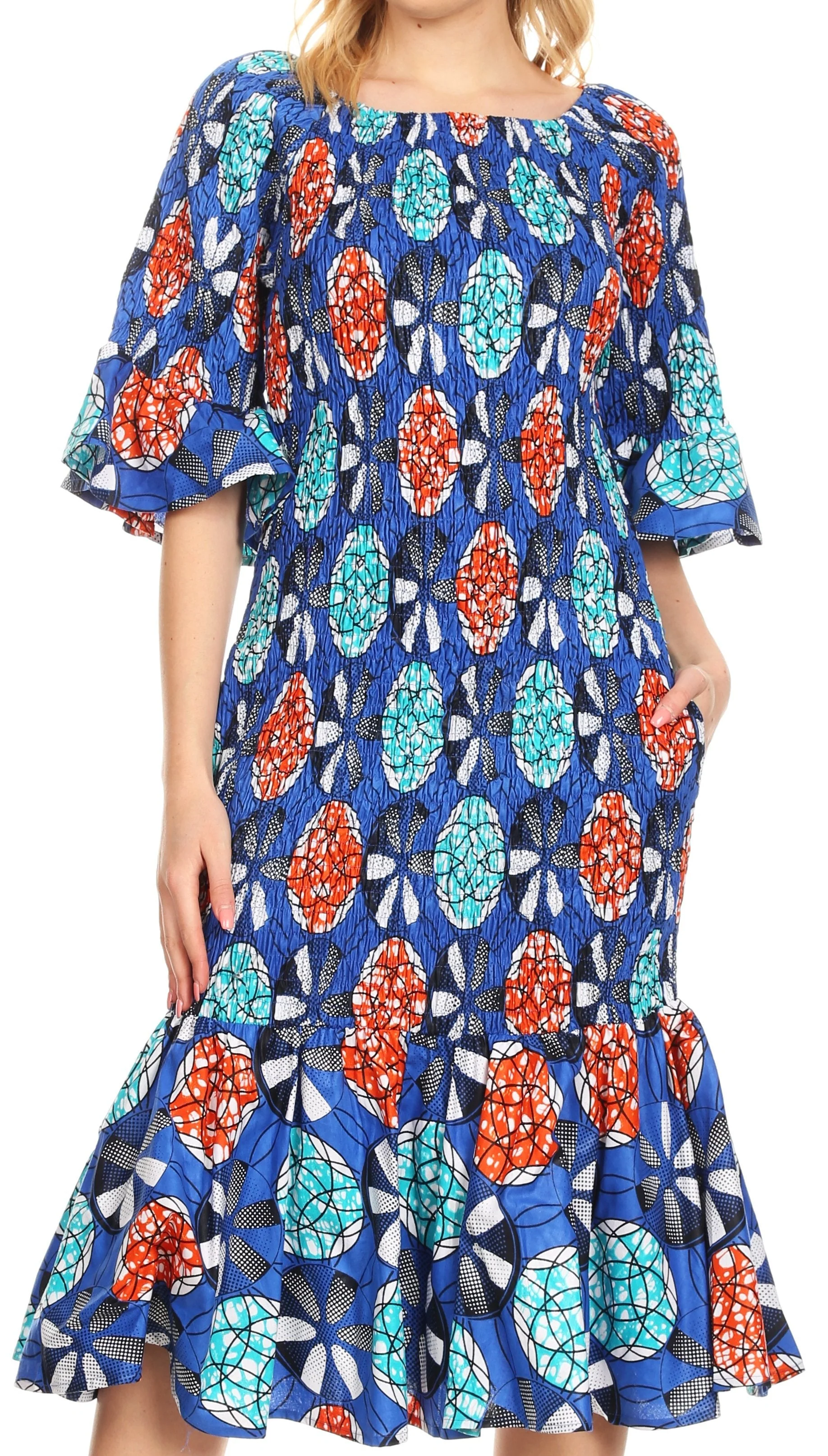 Sakkas Zarah Women's African Ankara Body-con Off shoulder Mermaid Pocket Dress - Image 9