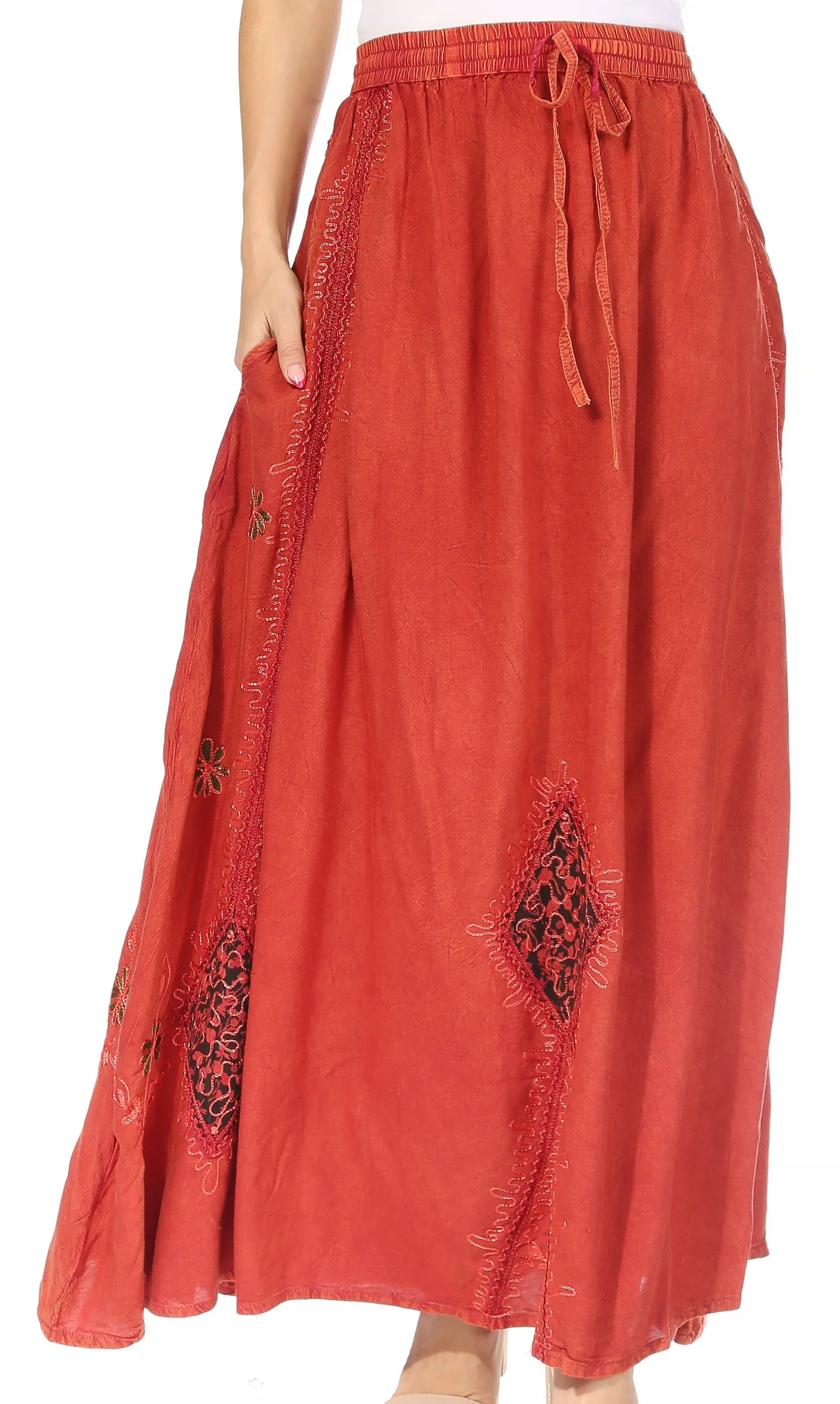 Sakkas Zarah Women's Boho Embroidery Gypsy Skirt with Lace Elastic Waist Pockets - Image 11