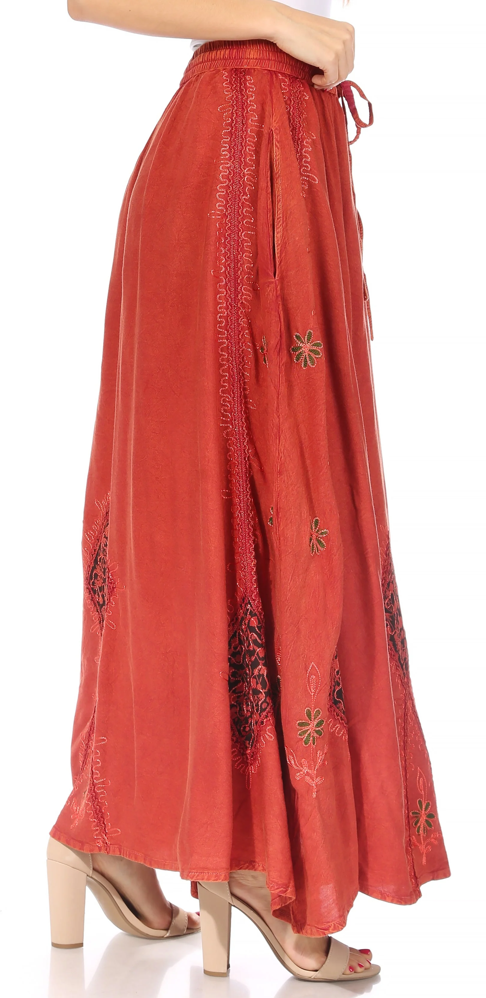 Sakkas Zarah Women's Boho Embroidery Gypsy Skirt with Lace Elastic Waist Pockets - Image 13