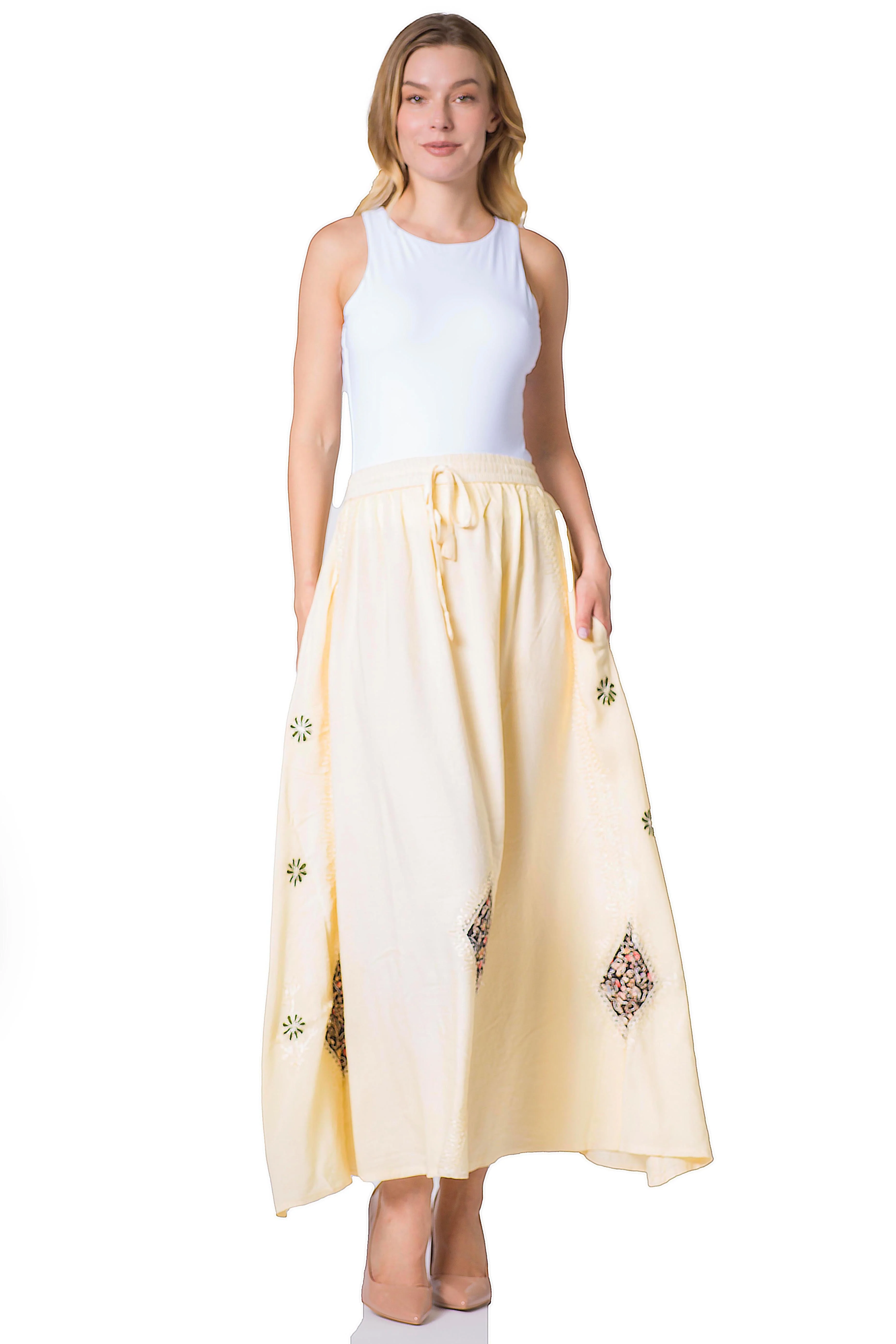 Sakkas Zarah Women's Boho Embroidery Gypsy Skirt with Lace Elastic Waist Pockets - Image 25