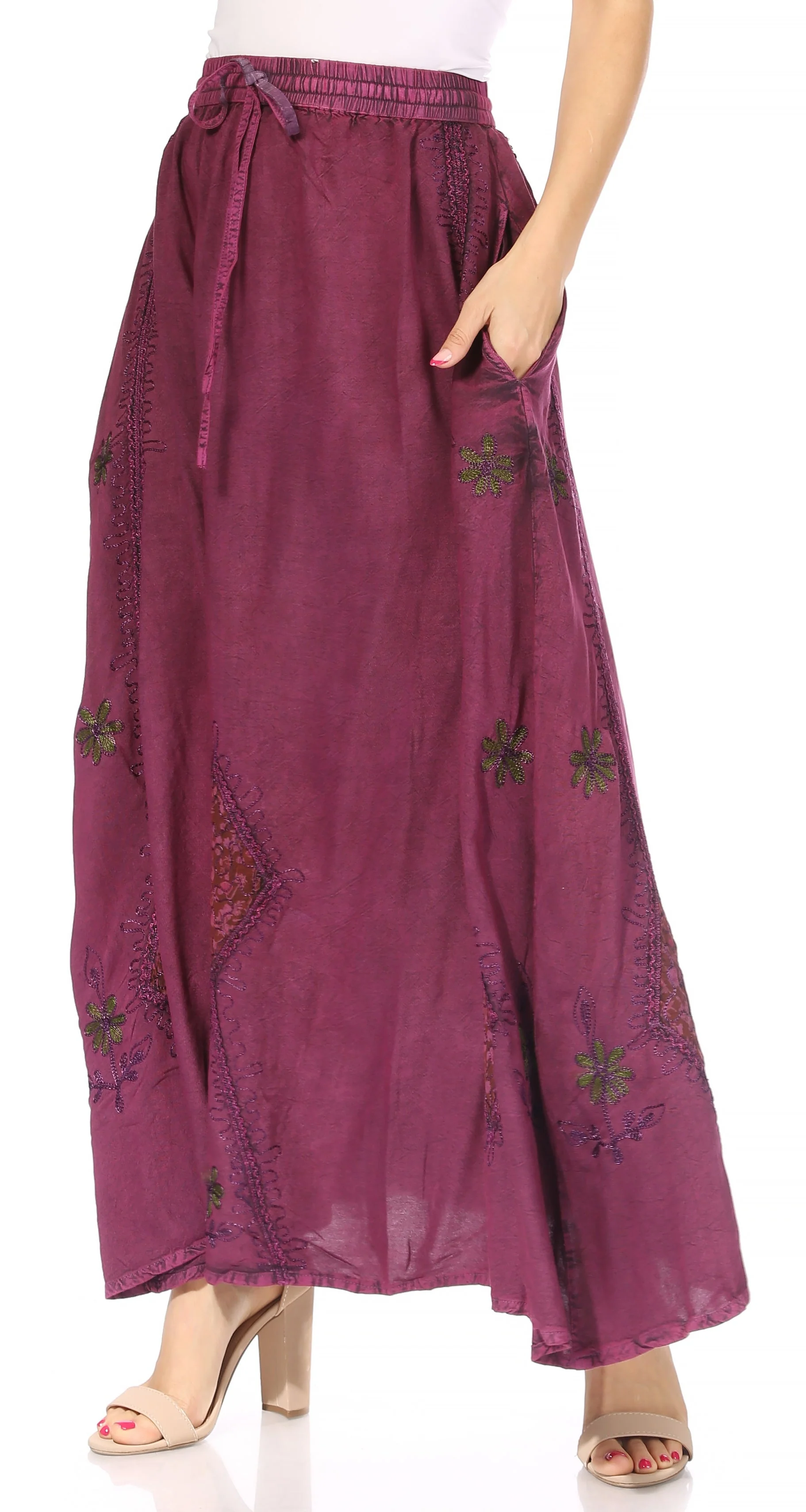 Sakkas Zarah Women's Boho Embroidery Gypsy Skirt with Lace Elastic Waist Pockets - Image 28
