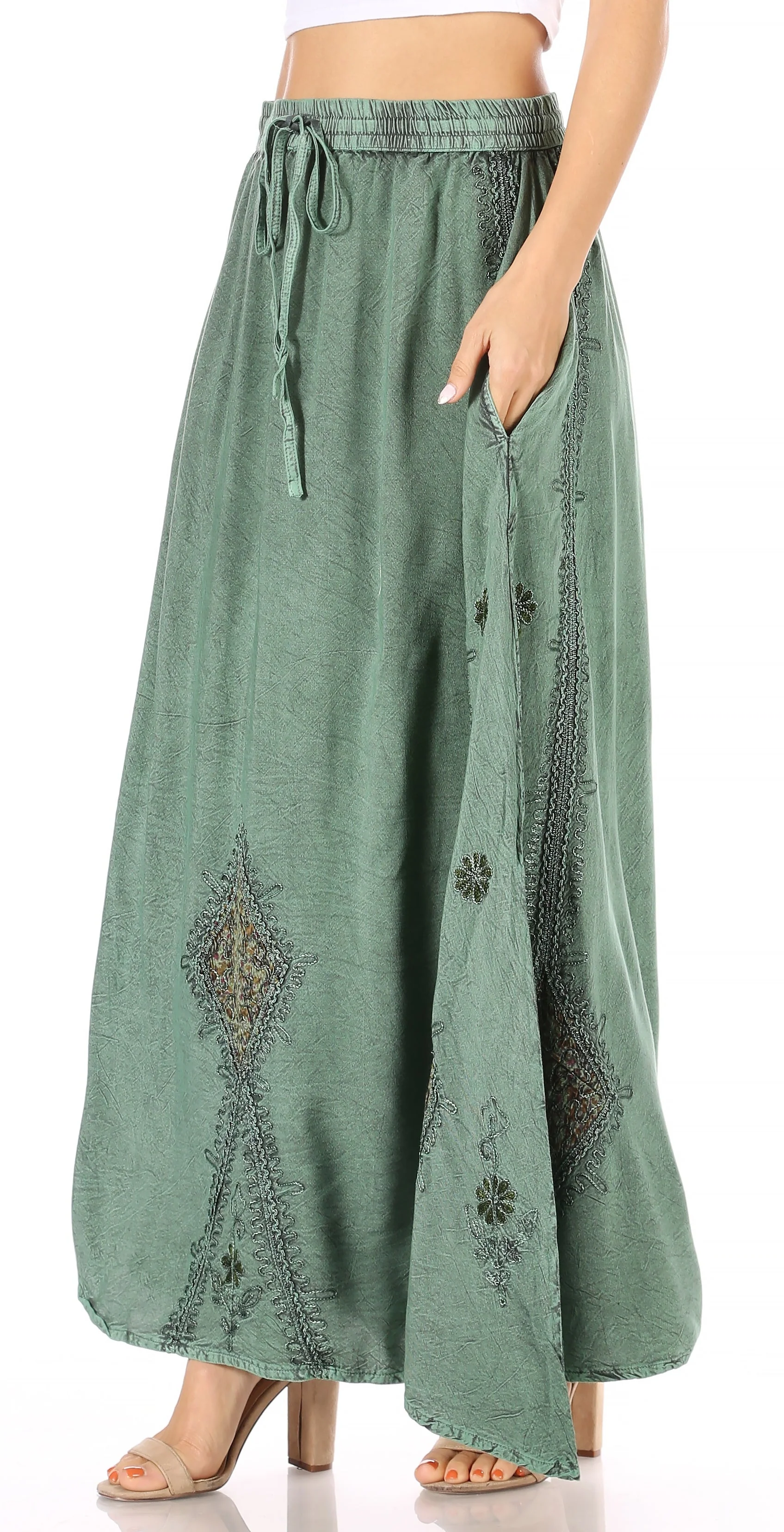 Sakkas Zarah Women's Boho Embroidery Gypsy Skirt with Lace Elastic Waist Pockets - Image 33