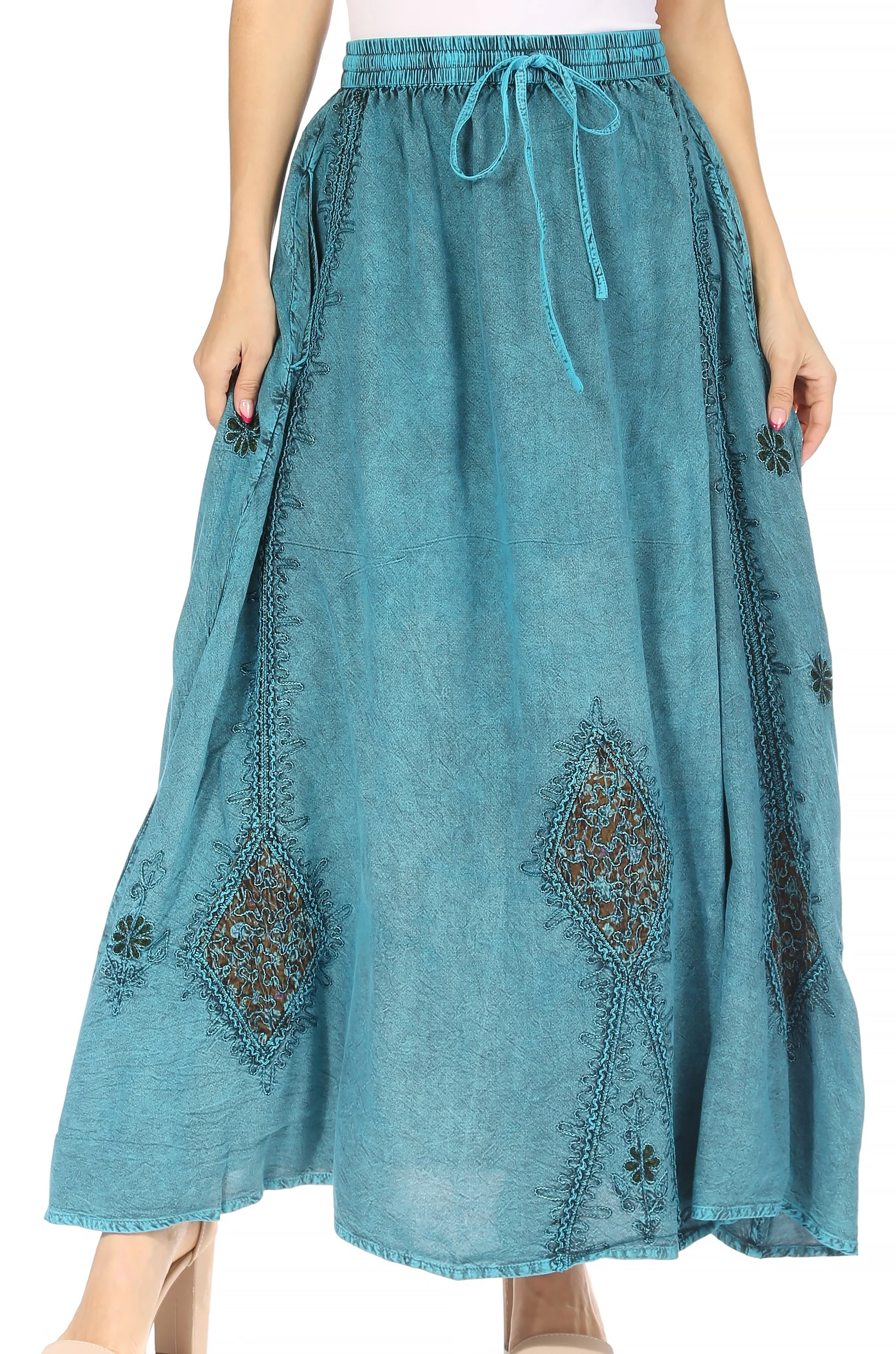Sakkas Zarah Women's Boho Embroidery Gypsy Skirt with Lace Elastic Waist Pockets - Image 36