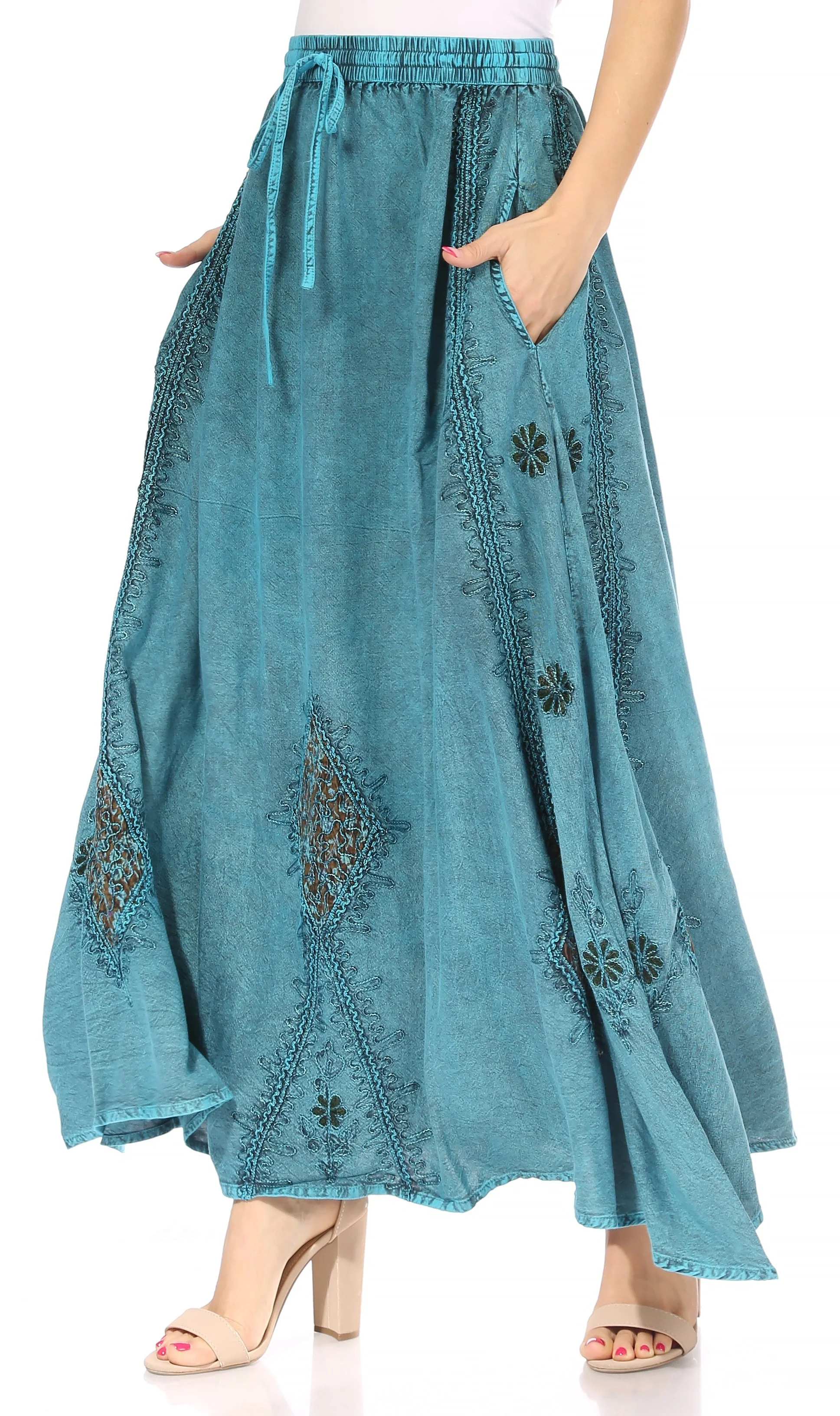 Sakkas Zarah Women's Boho Embroidery Gypsy Skirt with Lace Elastic Waist Pockets - Image 38