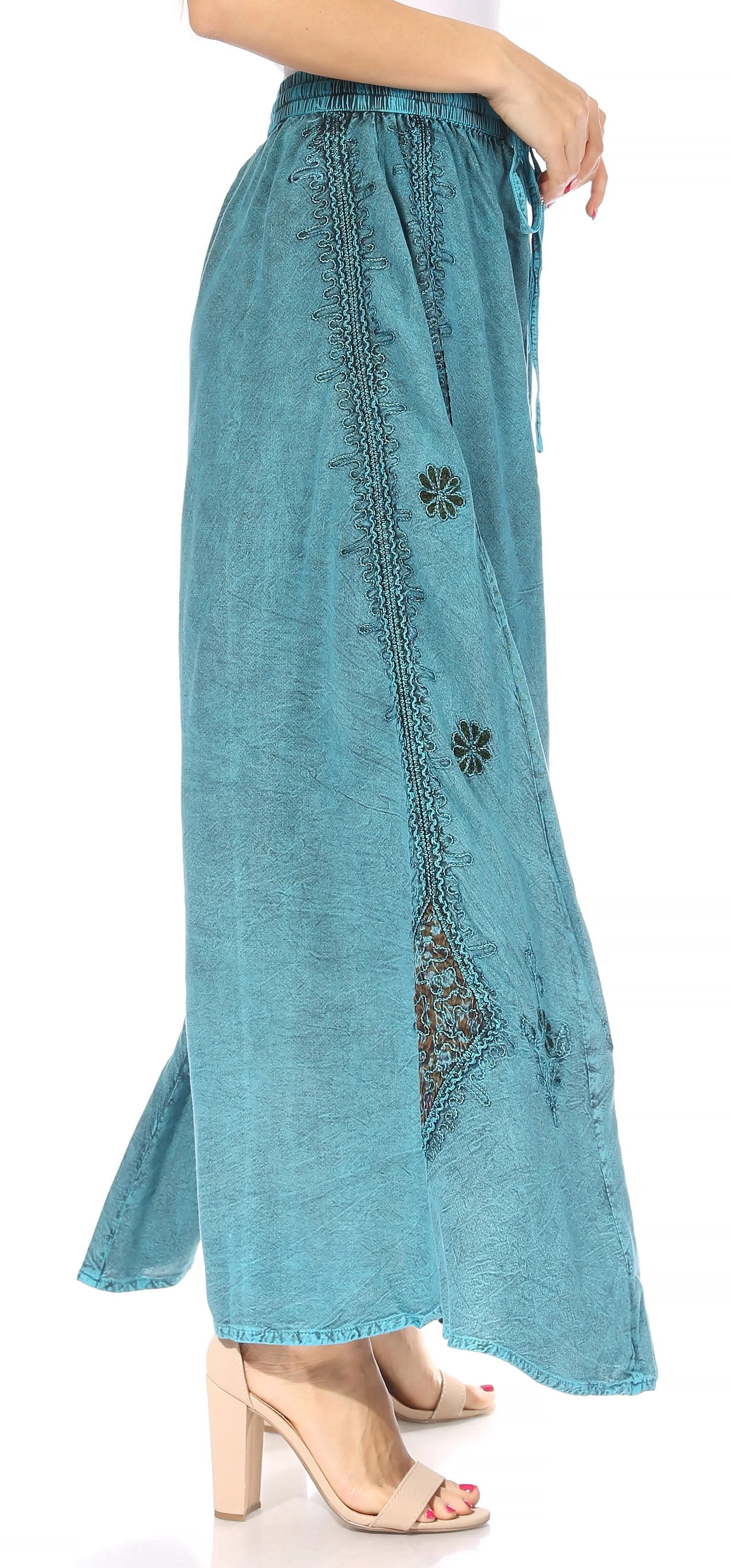 Sakkas Zarah Women's Boho Embroidery Gypsy Skirt with Lace Elastic Waist Pockets - Image 39