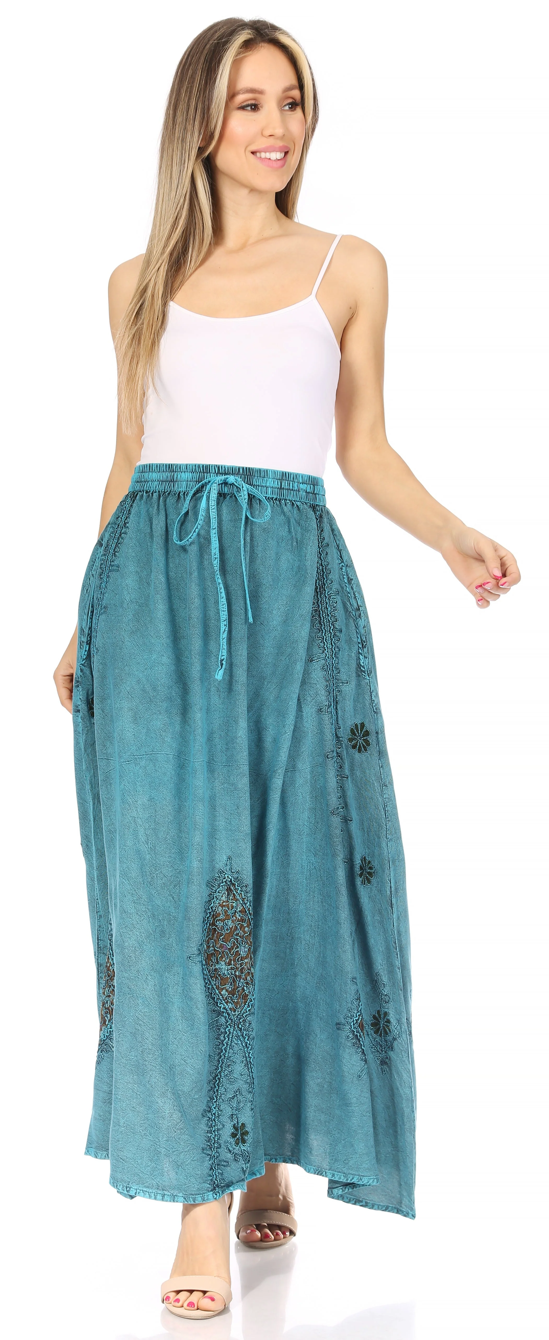 Sakkas Zarah Women's Boho Embroidery Gypsy Skirt with Lace Elastic Waist Pockets - Image 40