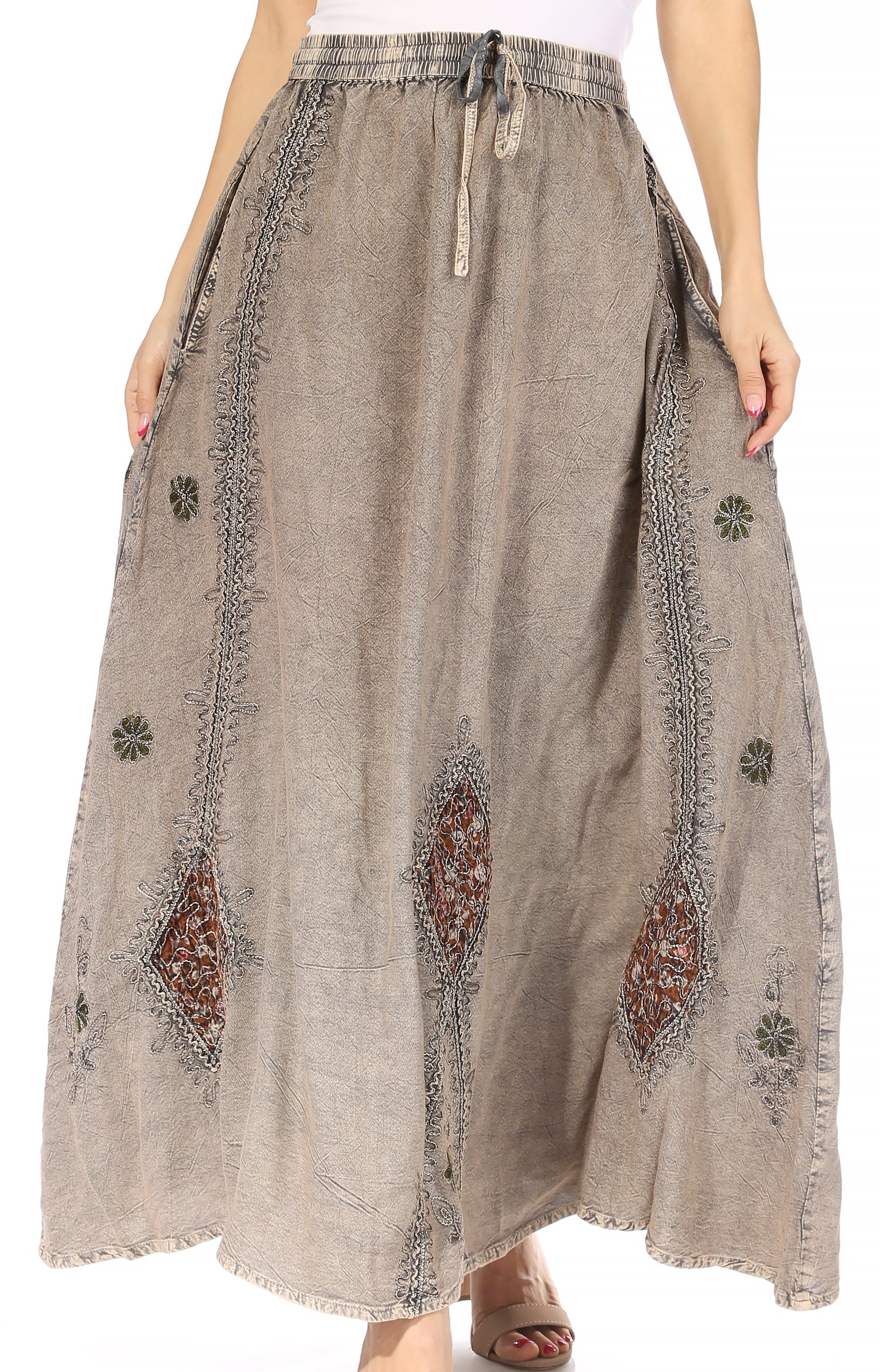 Sakkas Zarah Women's Boho Embroidery Gypsy Skirt with Lace Elastic Waist Pockets - Image 41