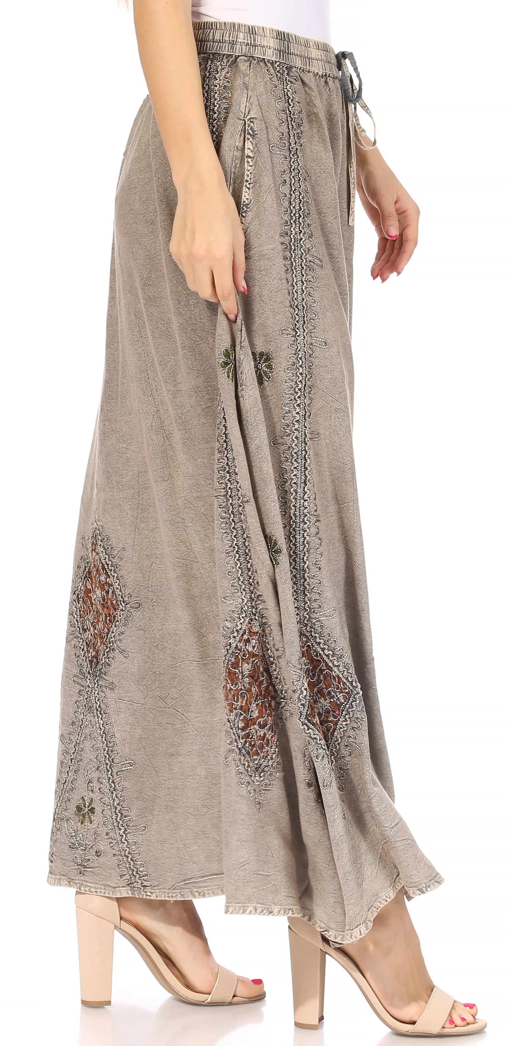 Sakkas Zarah Women's Boho Embroidery Gypsy Skirt with Lace Elastic Waist Pockets - Image 44