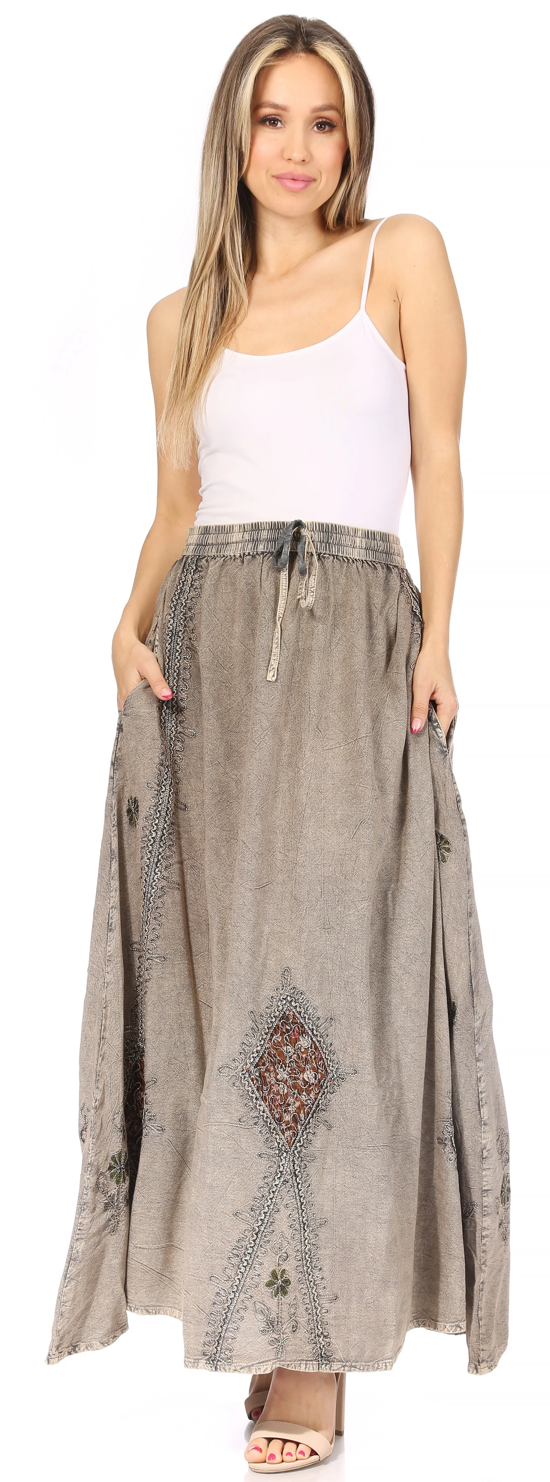 Sakkas Zarah Women's Boho Embroidery Gypsy Skirt with Lace Elastic Waist Pockets - Image 45