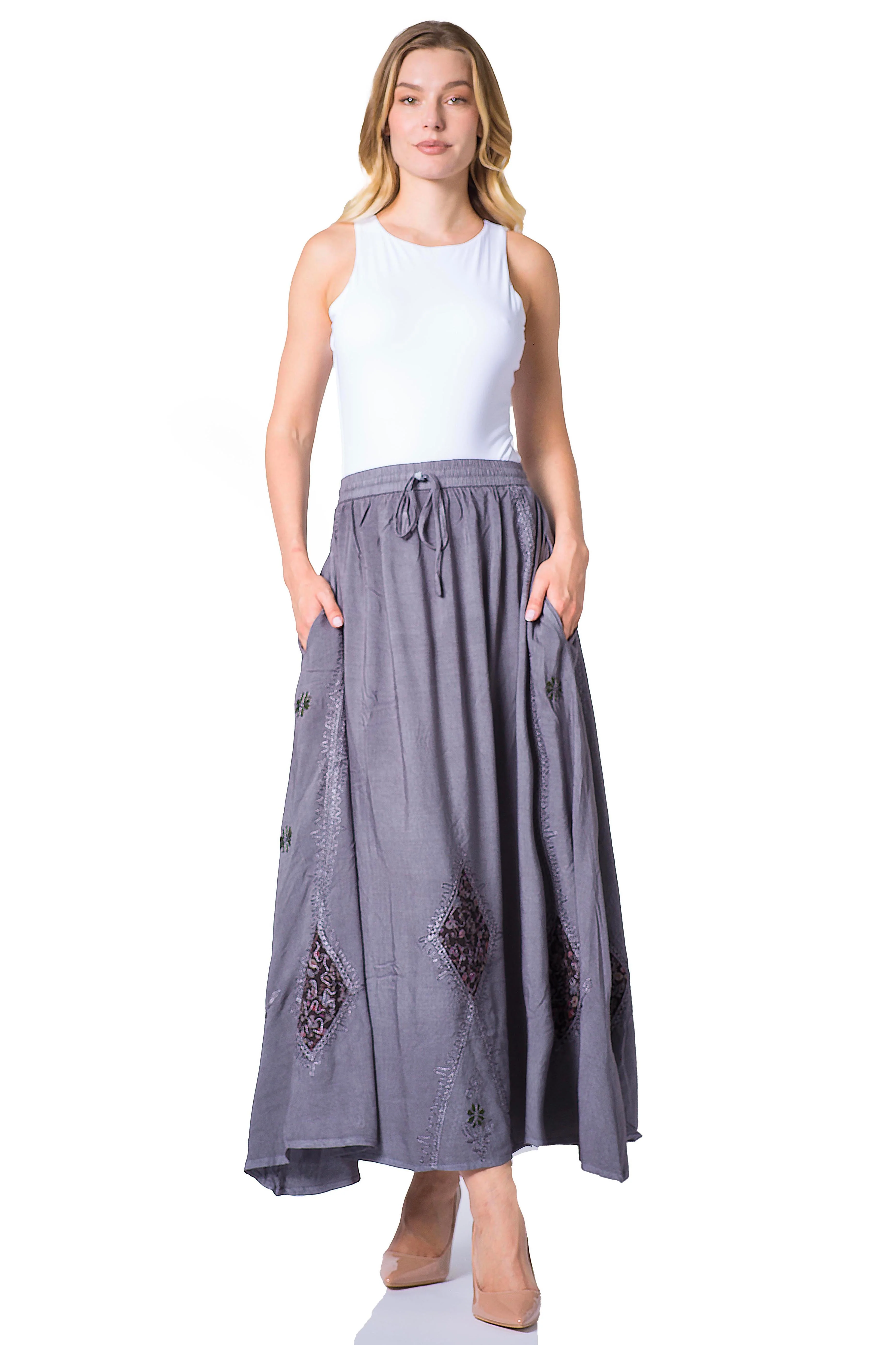 Sakkas Zarah Women's Boho Embroidery Gypsy Skirt with Lace Elastic Waist Pockets - Image 55