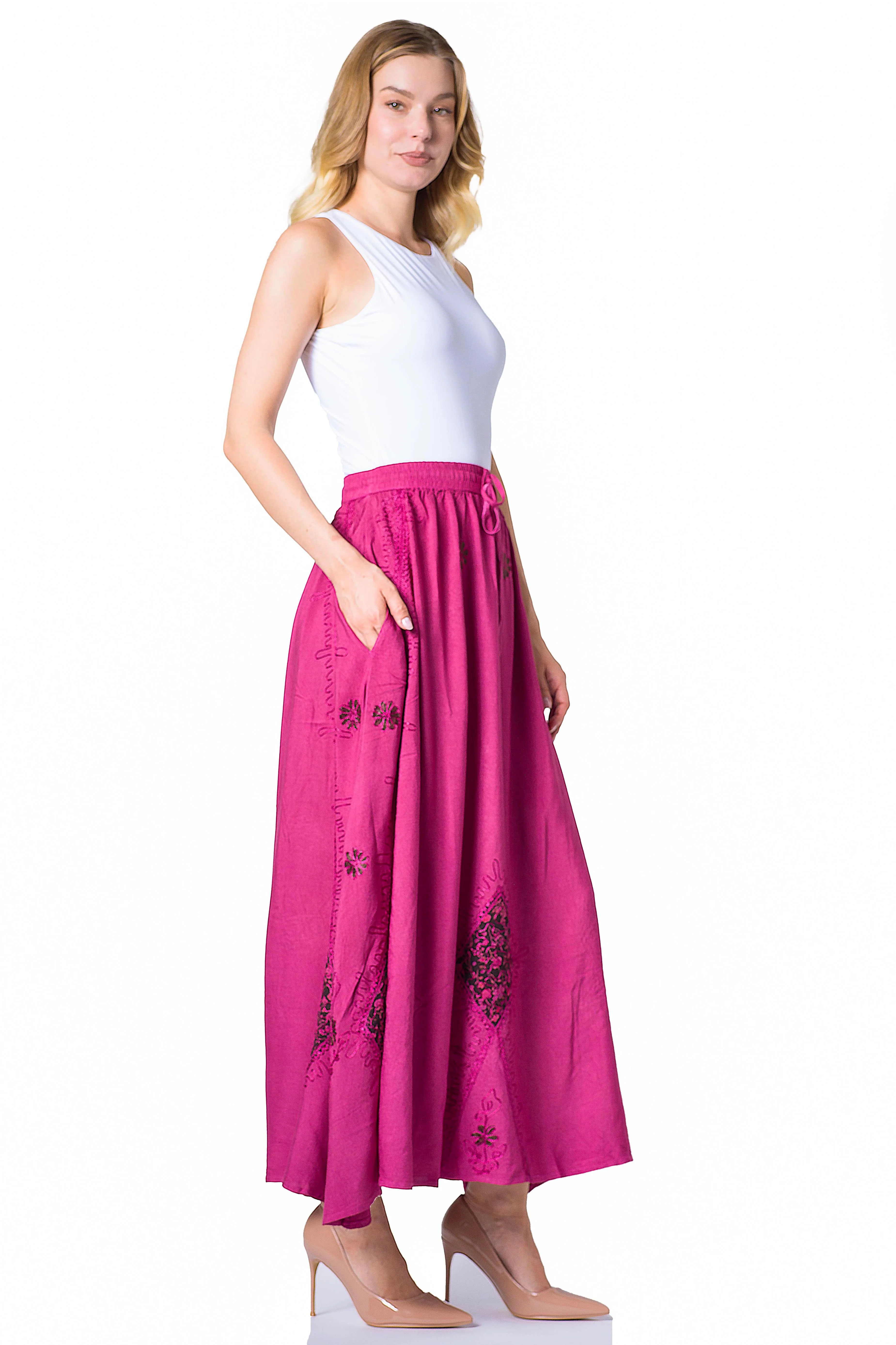 Sakkas Zarah Women's Boho Embroidery Gypsy Skirt with Lace Elastic Waist Pockets - Image 59