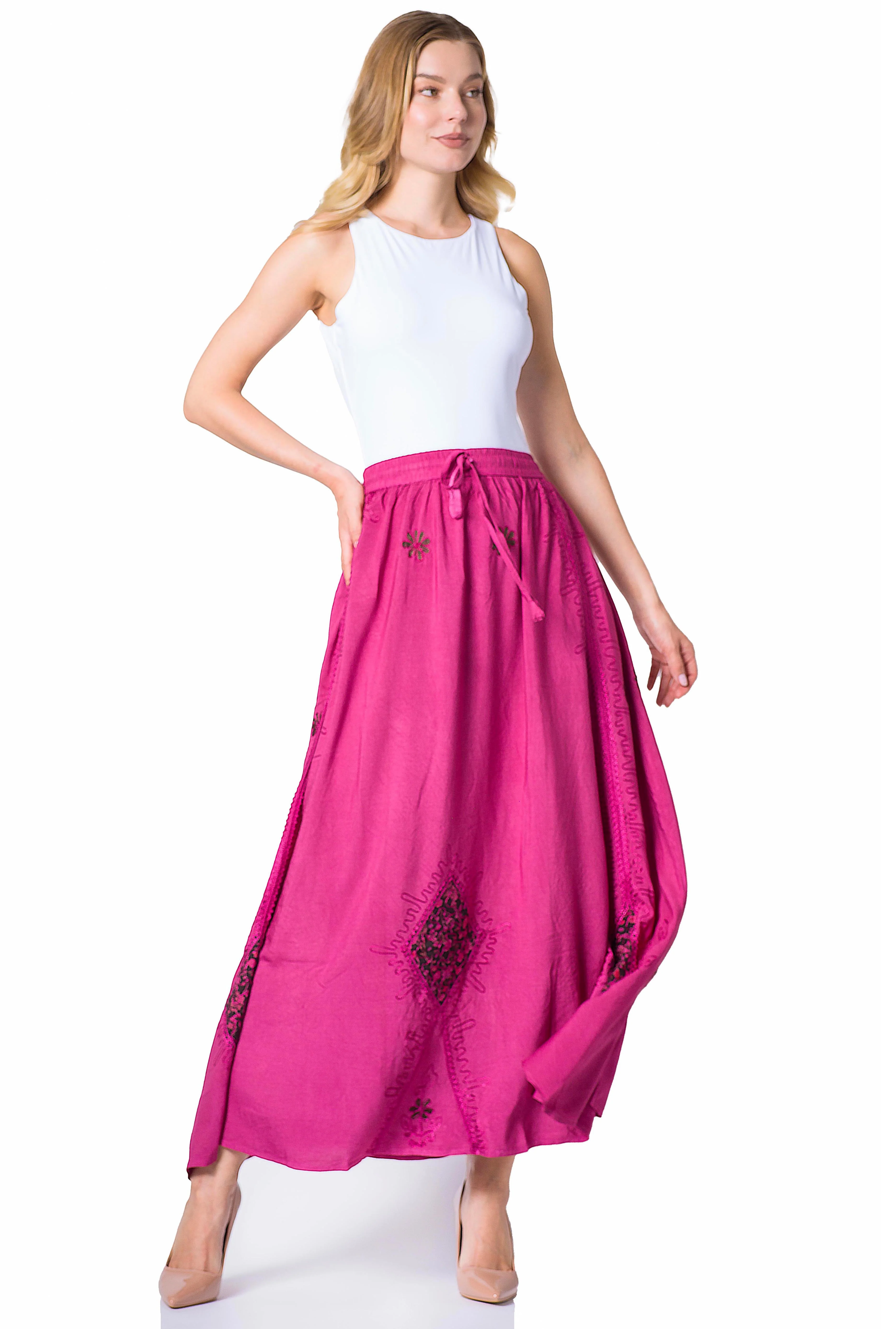 Sakkas Zarah Women's Boho Embroidery Gypsy Skirt with Lace Elastic Waist Pockets - Image 60
