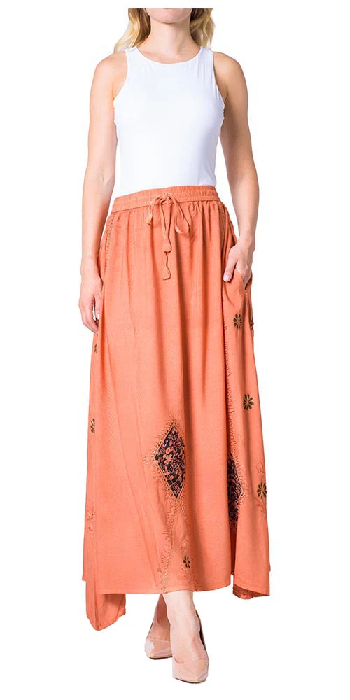 Sakkas Zarah Women's Boho Embroidery Gypsy Skirt with Lace Elastic Waist Pockets - Image 71