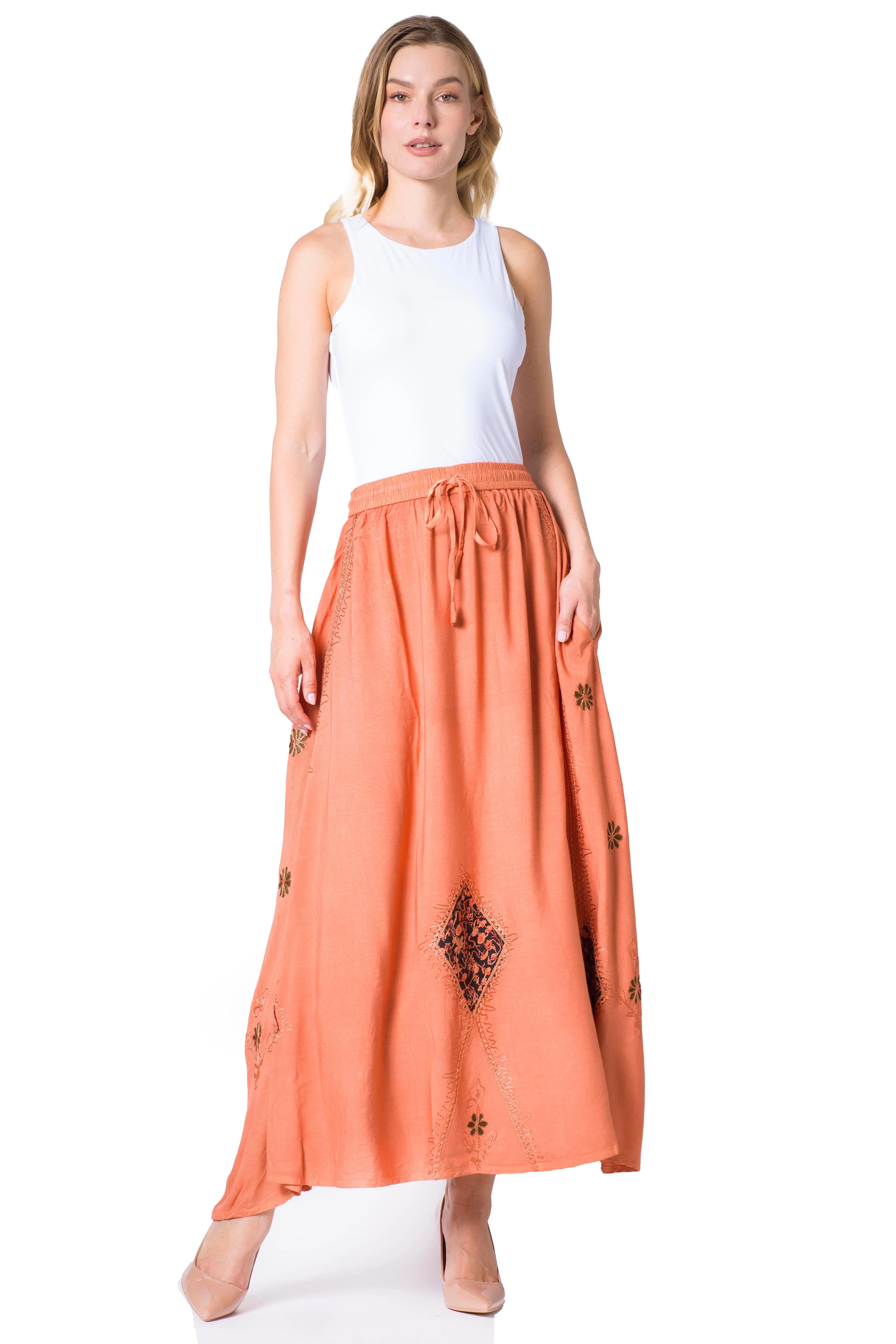 Sakkas Zarah Women's Boho Embroidery Gypsy Skirt with Lace Elastic Waist Pockets - Image 75