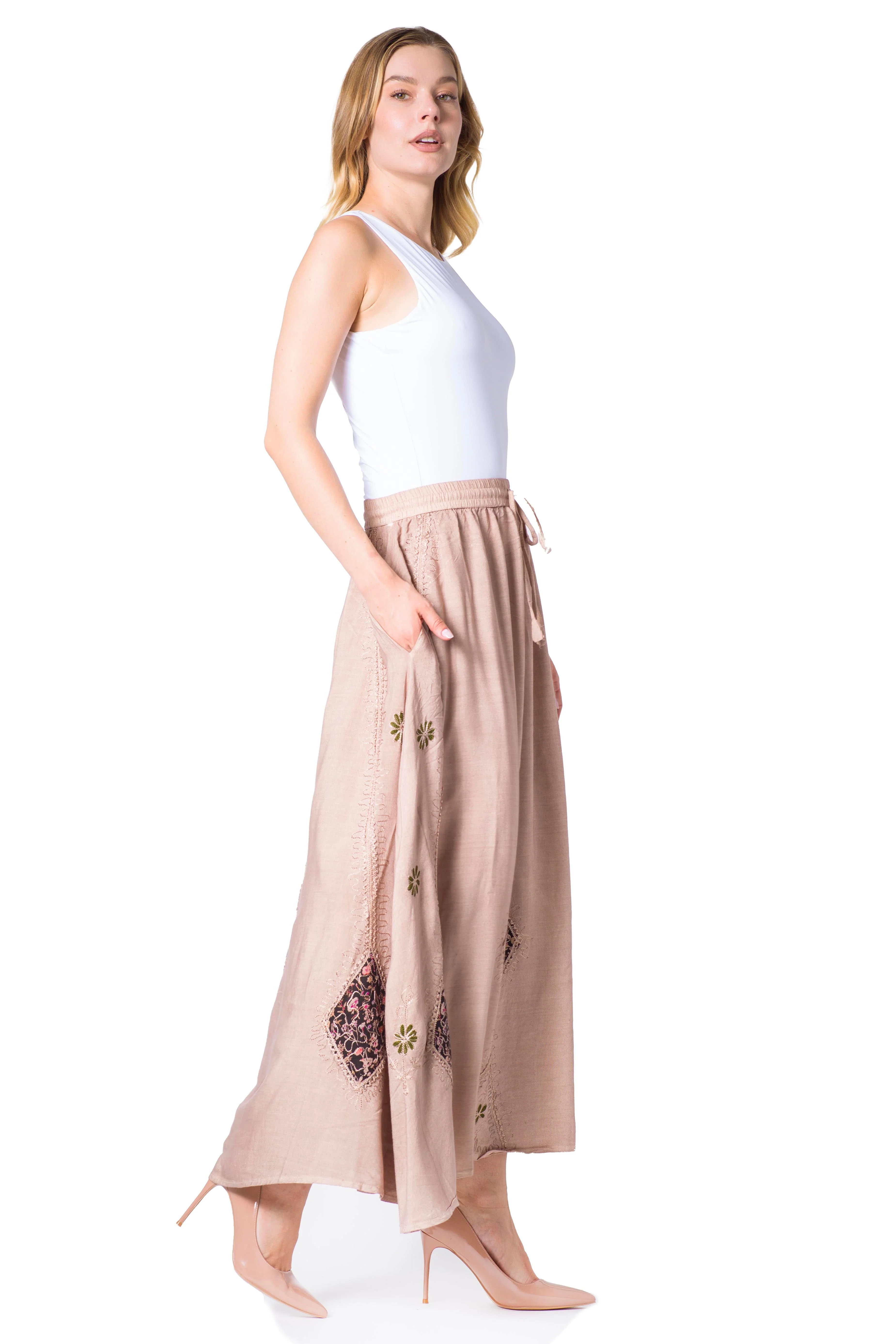 Sakkas Zarah Women's Boho Embroidery Gypsy Skirt with Lace Elastic Waist Pockets - Image 79