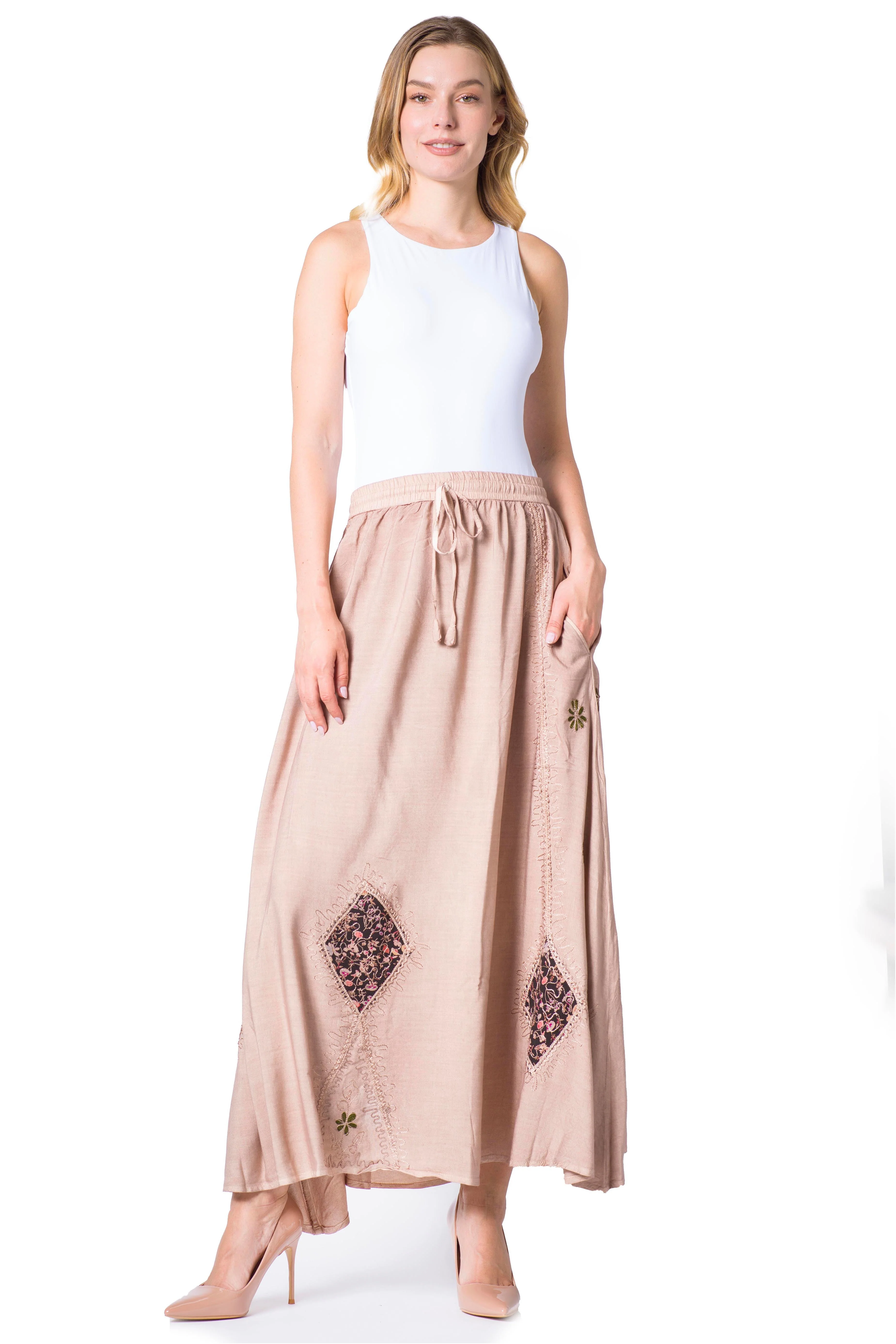 Sakkas Zarah Women's Boho Embroidery Gypsy Skirt with Lace Elastic Waist Pockets - Image 80