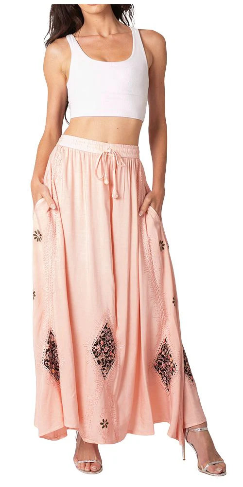 Sakkas Zarah Women's Boho Embroidery Gypsy Skirt with Lace Elastic Waist Pockets - Image 81