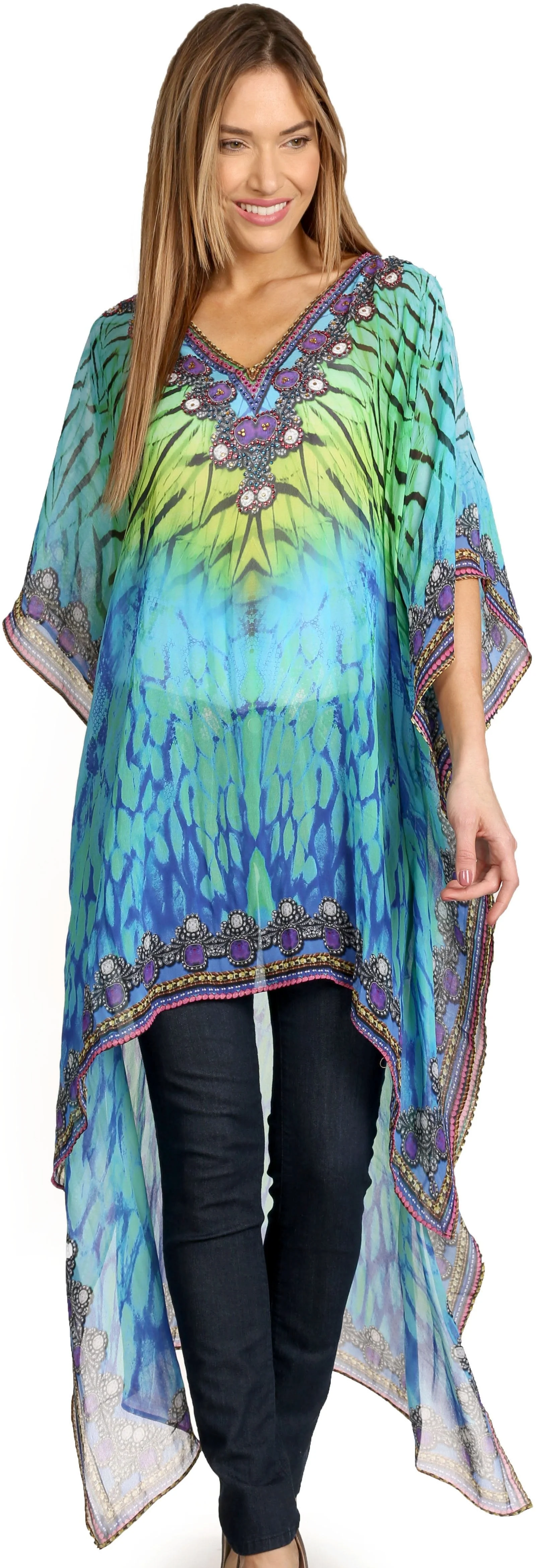Sakkas Zeke Hi Low V-Neck Caftan Dress Printed Top Cover / Up - Image 10