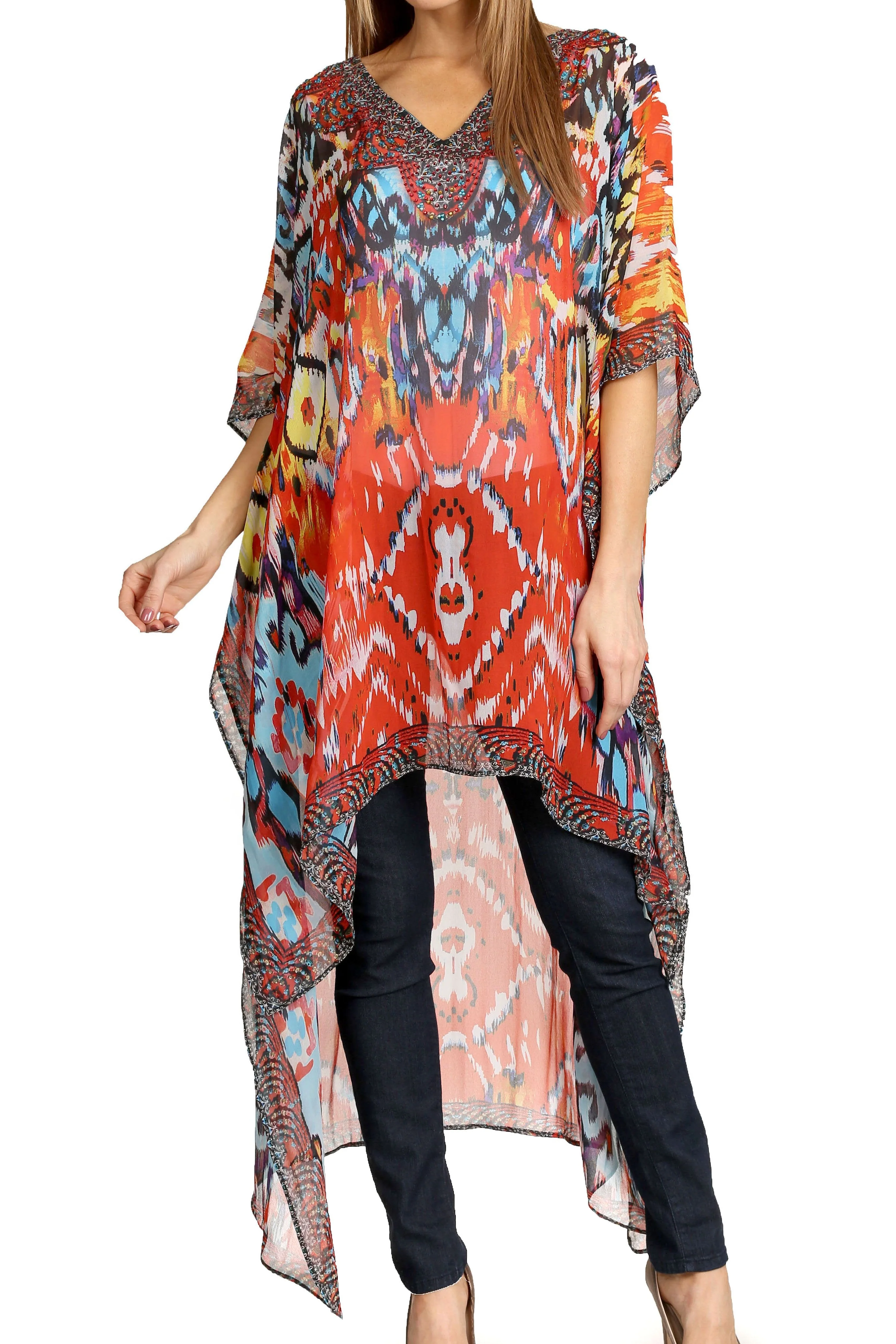 Sakkas Zeke Hi Low V-Neck Caftan Dress Printed Top Cover / Up - Image 11