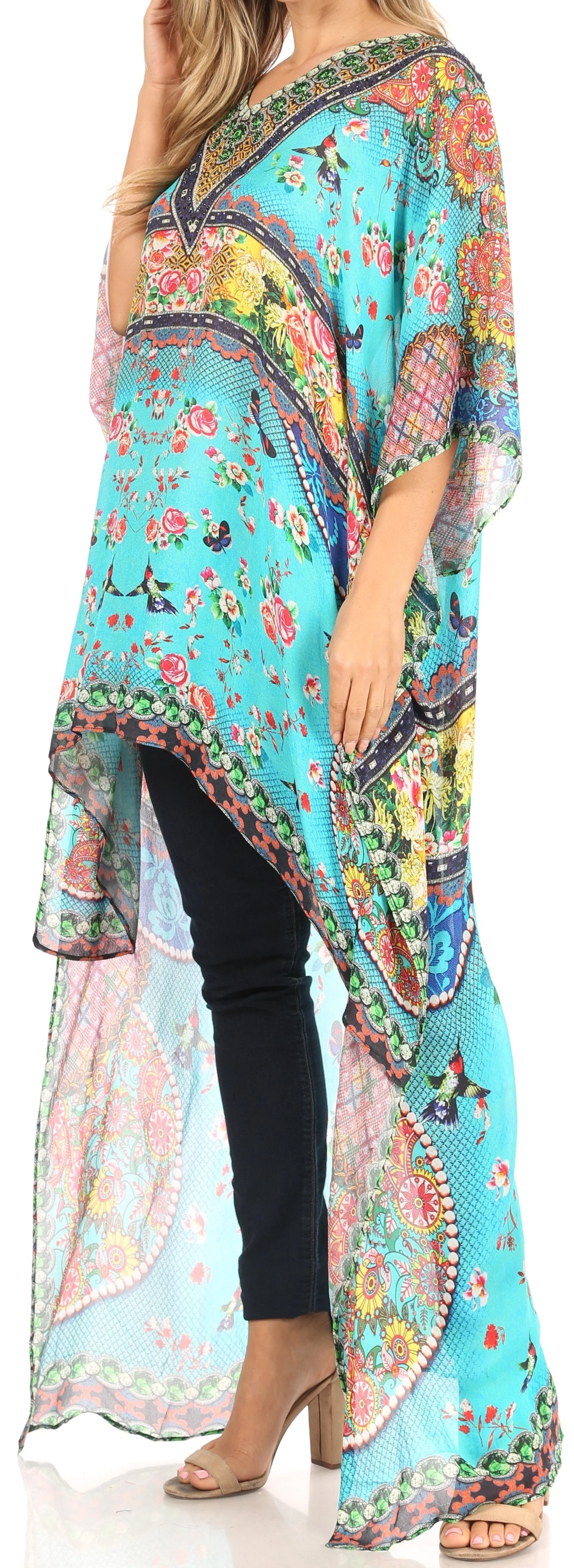 Sakkas Zeke Hi Low V-Neck Caftan Dress Printed Top Cover / Up - Image 18
