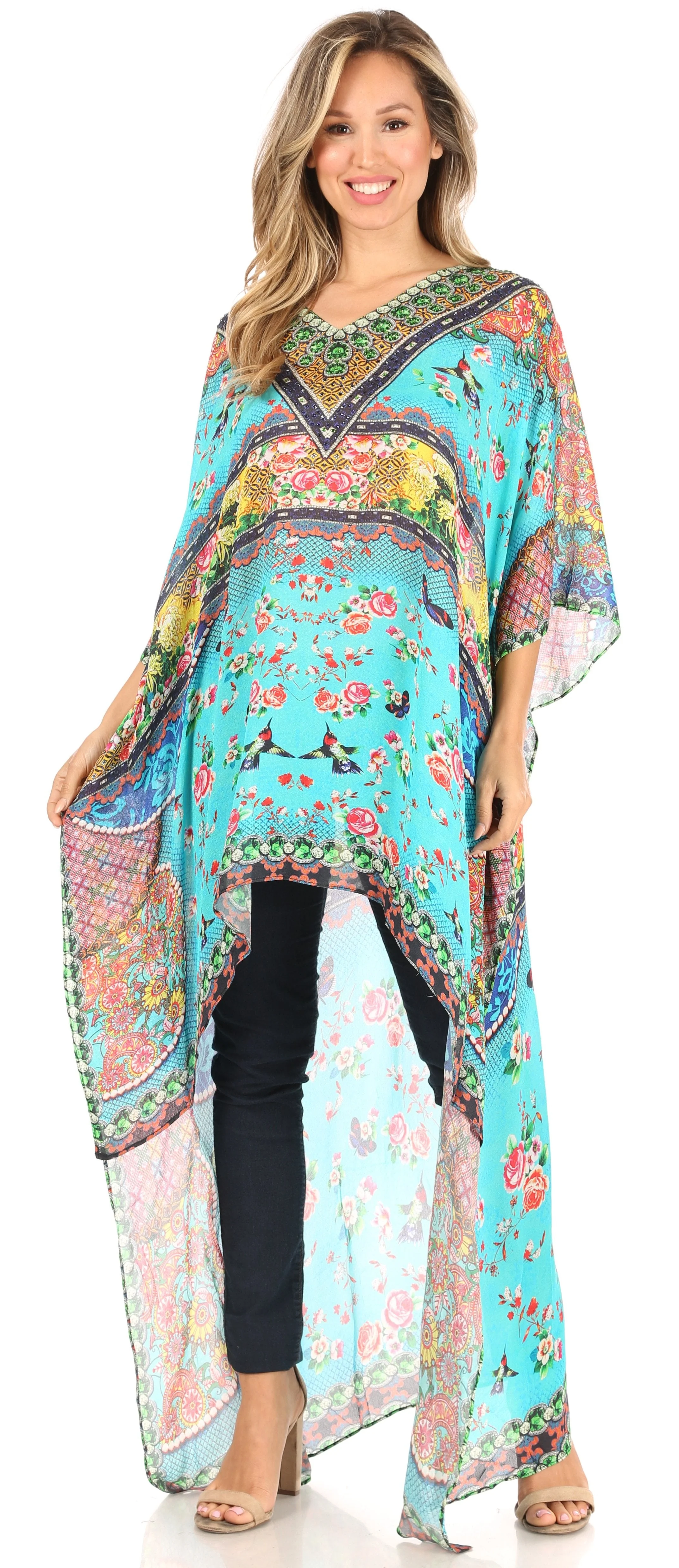 Sakkas Zeke Hi Low V-Neck Caftan Dress Printed Top Cover / Up - Image 20