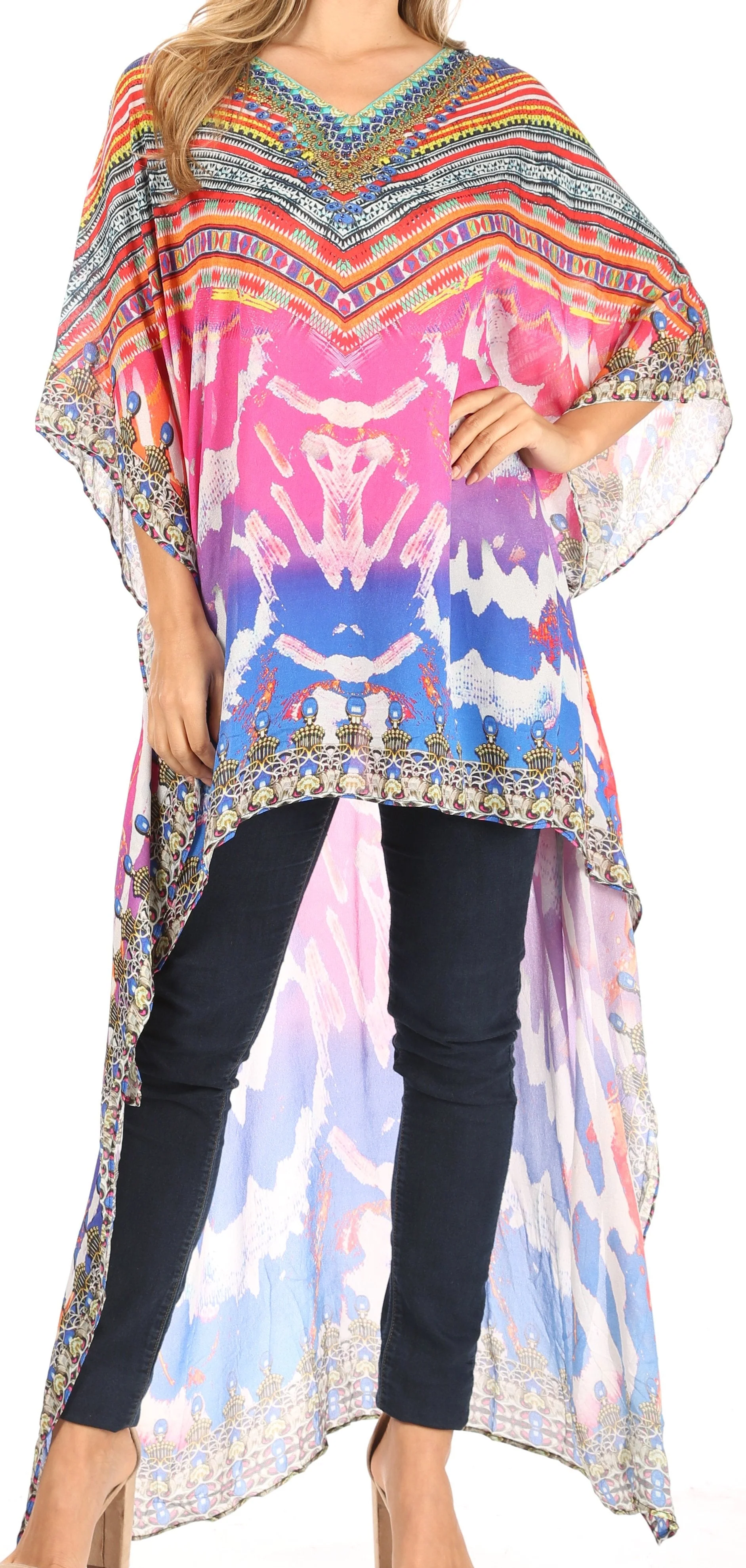 Sakkas Zeke Hi Low V-Neck Caftan Dress Printed Top Cover / Up - Image 21