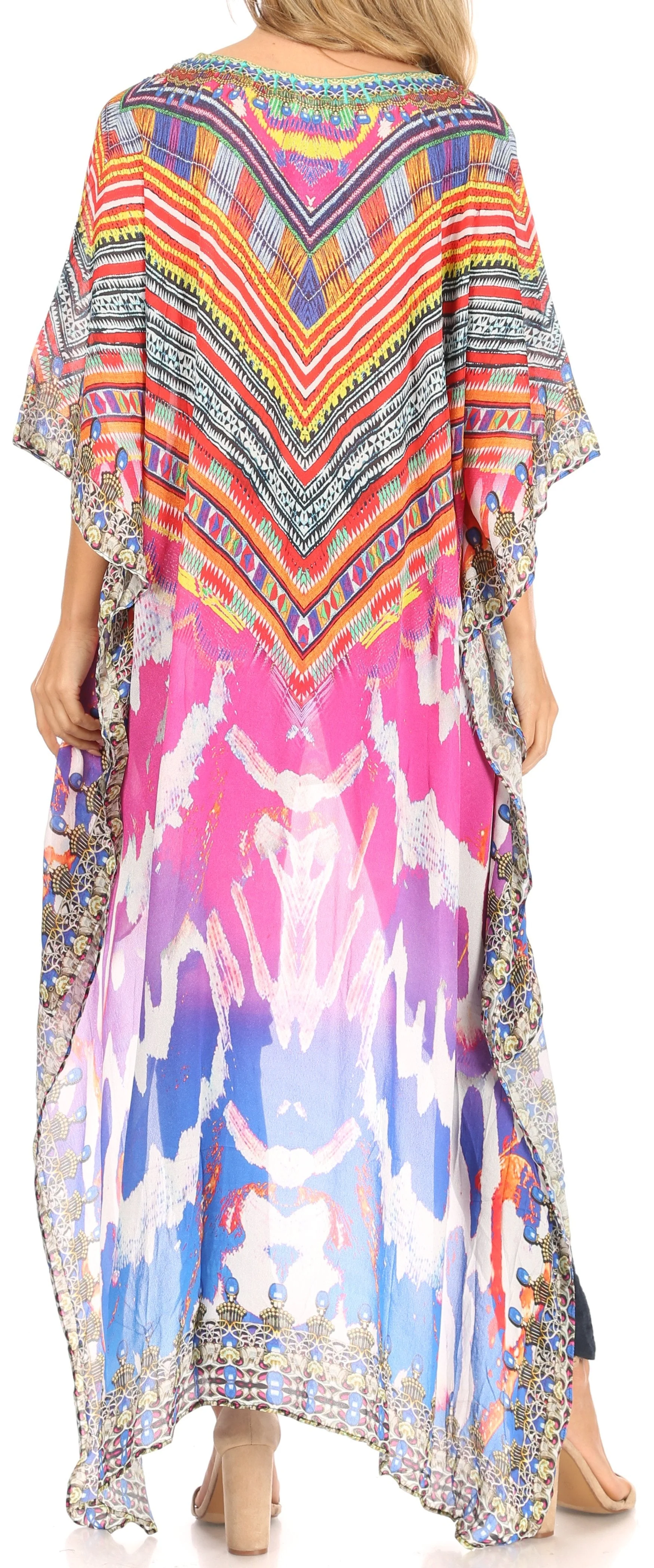 Sakkas Zeke Hi Low V-Neck Caftan Dress Printed Top Cover / Up - Image 22