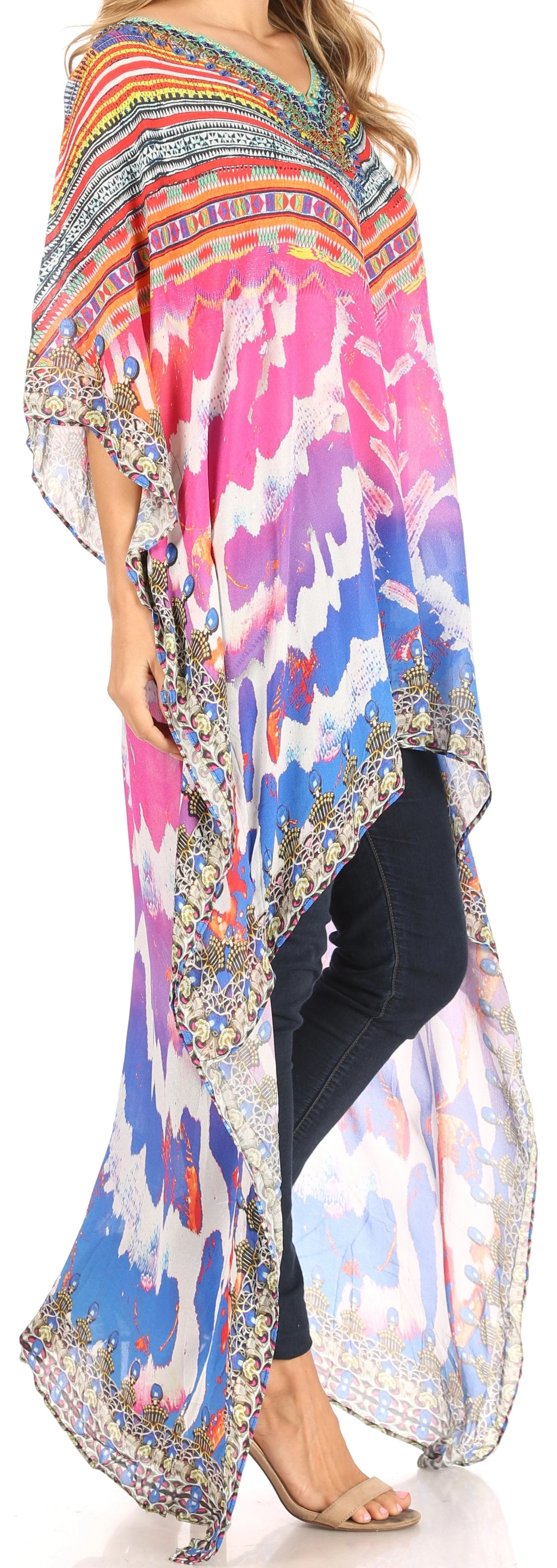 Sakkas Zeke Hi Low V-Neck Caftan Dress Printed Top Cover / Up - Image 24