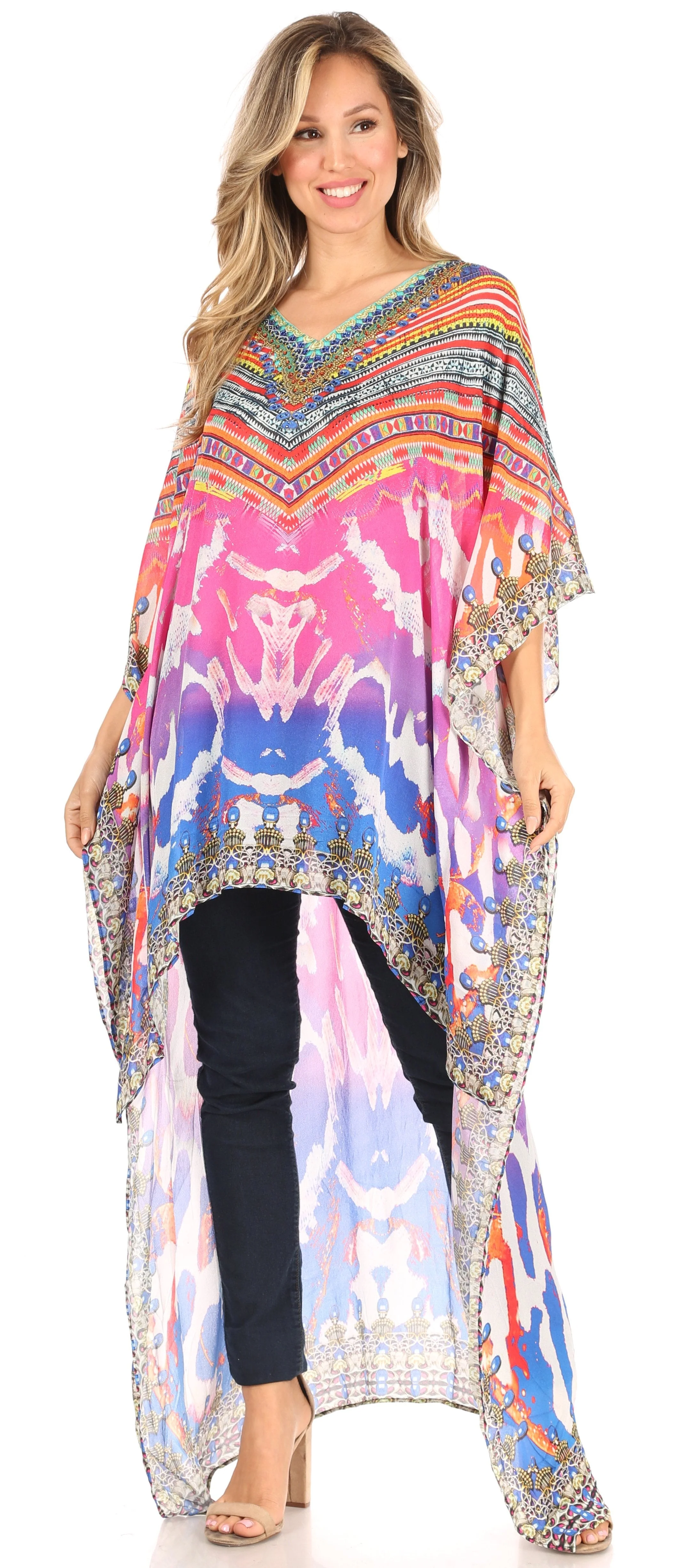 Sakkas Zeke Hi Low V-Neck Caftan Dress Printed Top Cover / Up - Image 25