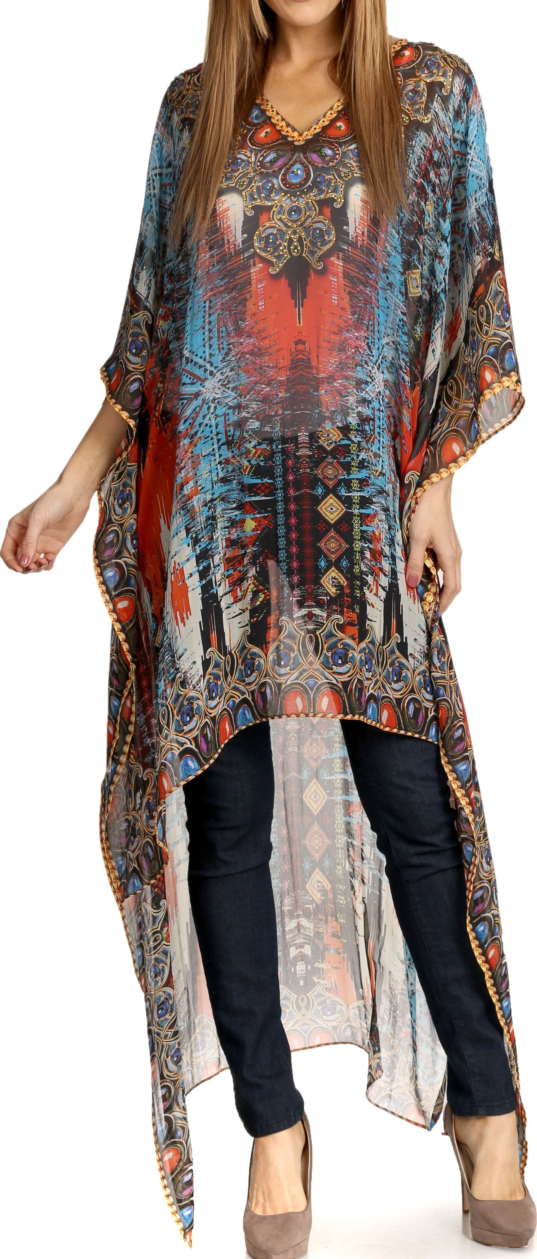 Sakkas Zeke Hi Low V-Neck Caftan Dress Printed Top Cover / Up - Image 26