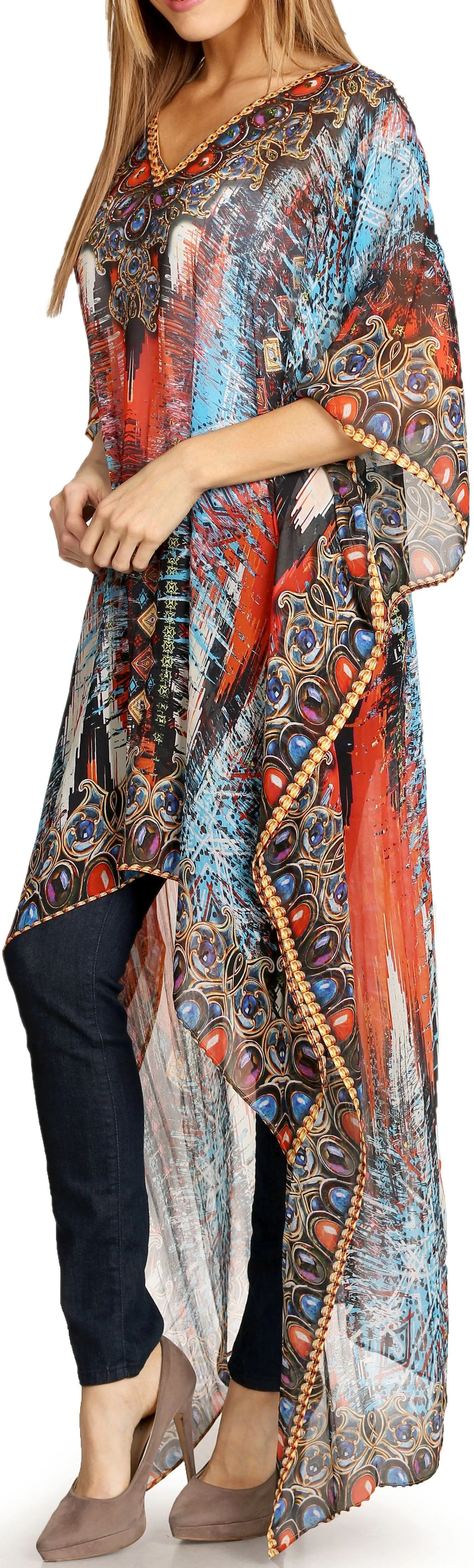 Sakkas Zeke Hi Low V-Neck Caftan Dress Printed Top Cover / Up - Image 28
