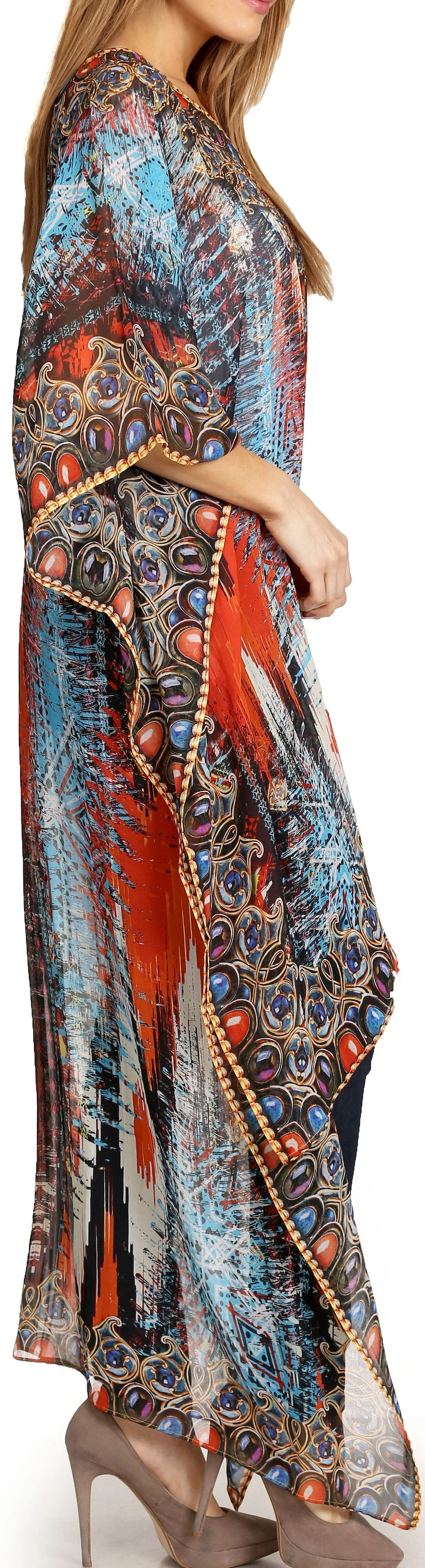 Sakkas Zeke Hi Low V-Neck Caftan Dress Printed Top Cover / Up - Image 29