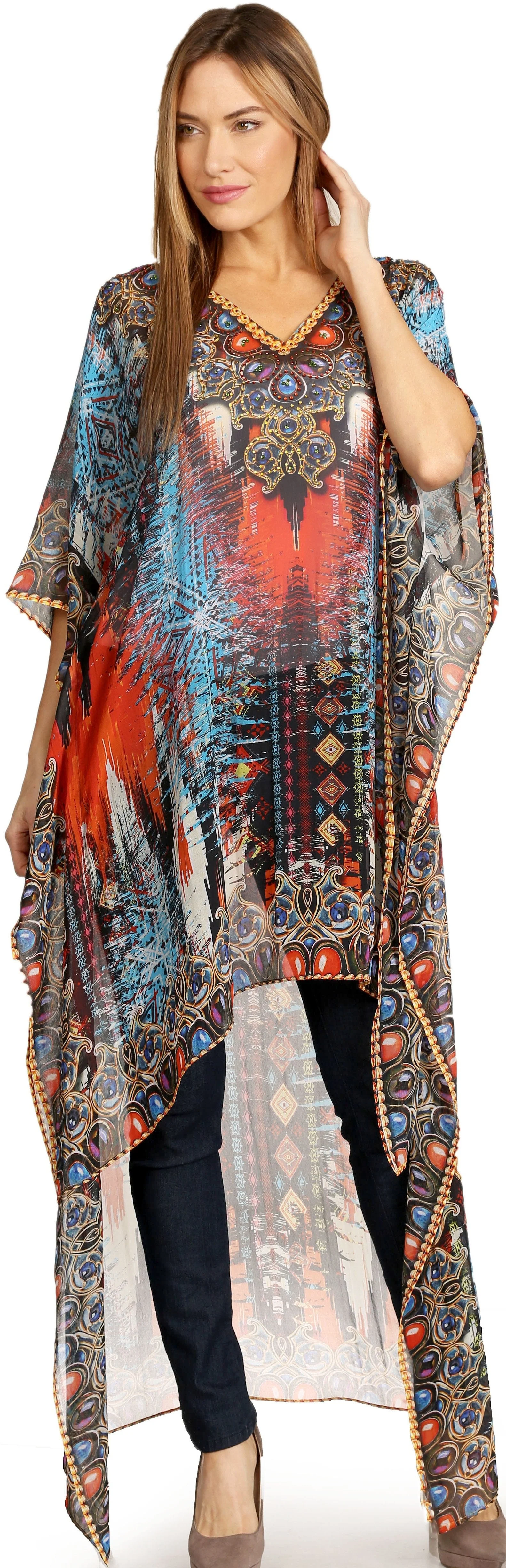 Sakkas Zeke Hi Low V-Neck Caftan Dress Printed Top Cover / Up - Image 30