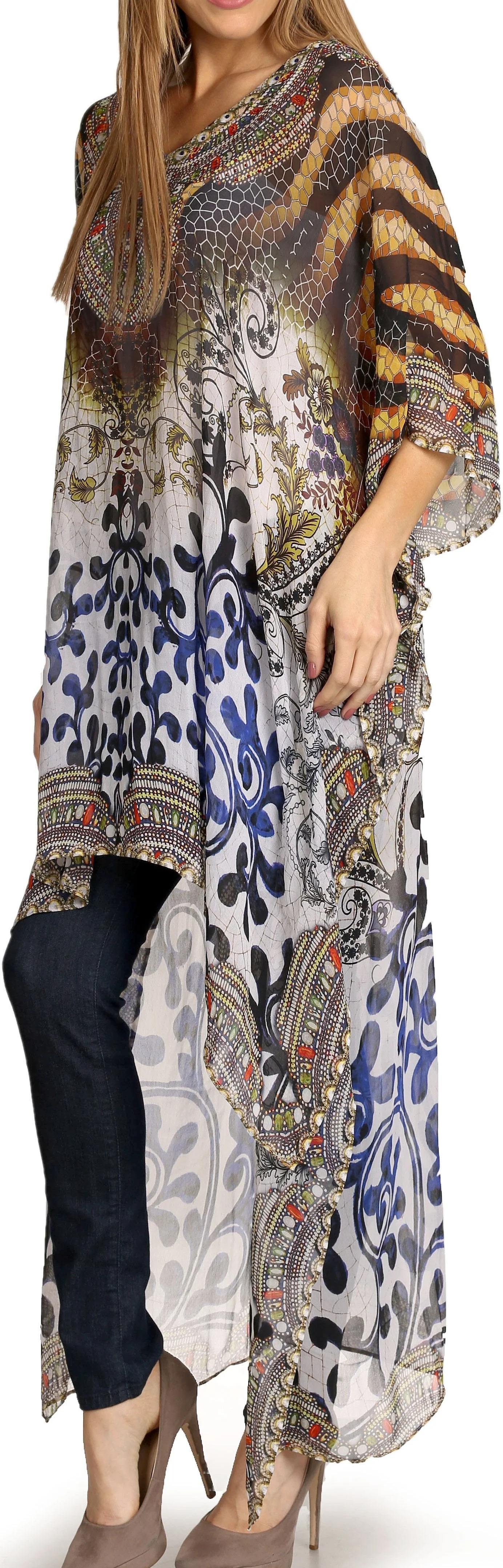 Sakkas Zeke Hi Low V-Neck Caftan Dress Printed Top Cover / Up - Image 33