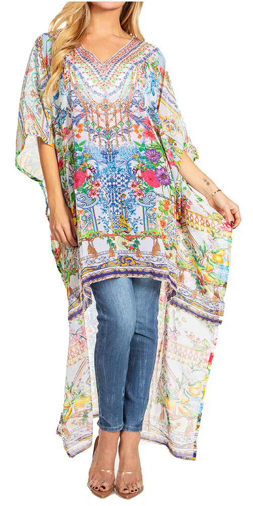 Sakkas Zeke Hi Low V-Neck Caftan Dress Printed Top Cover / Up - Image 36