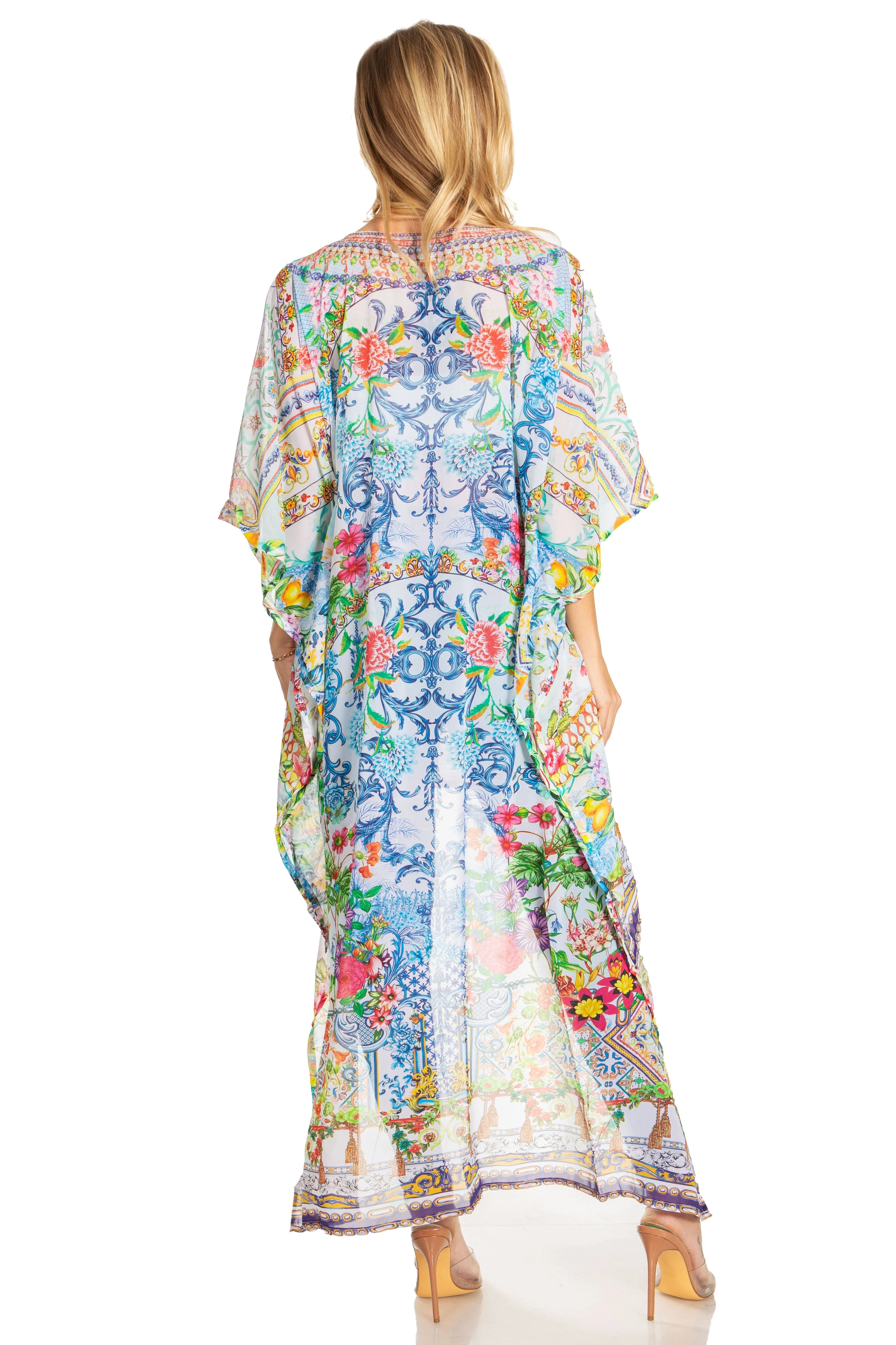 Sakkas Zeke Hi Low V-Neck Caftan Dress Printed Top Cover / Up - Image 37