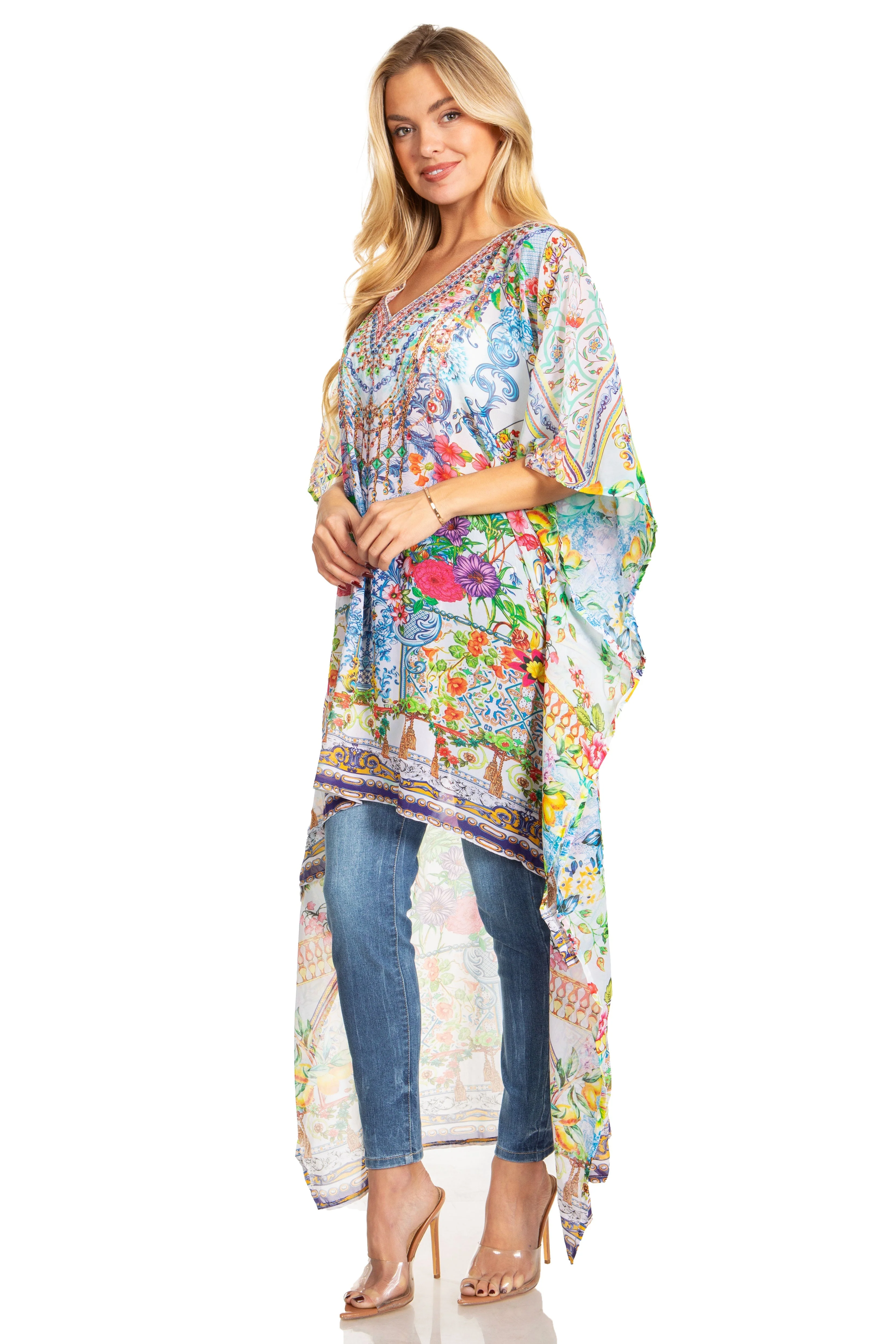 Sakkas Zeke Hi Low V-Neck Caftan Dress Printed Top Cover / Up - Image 38