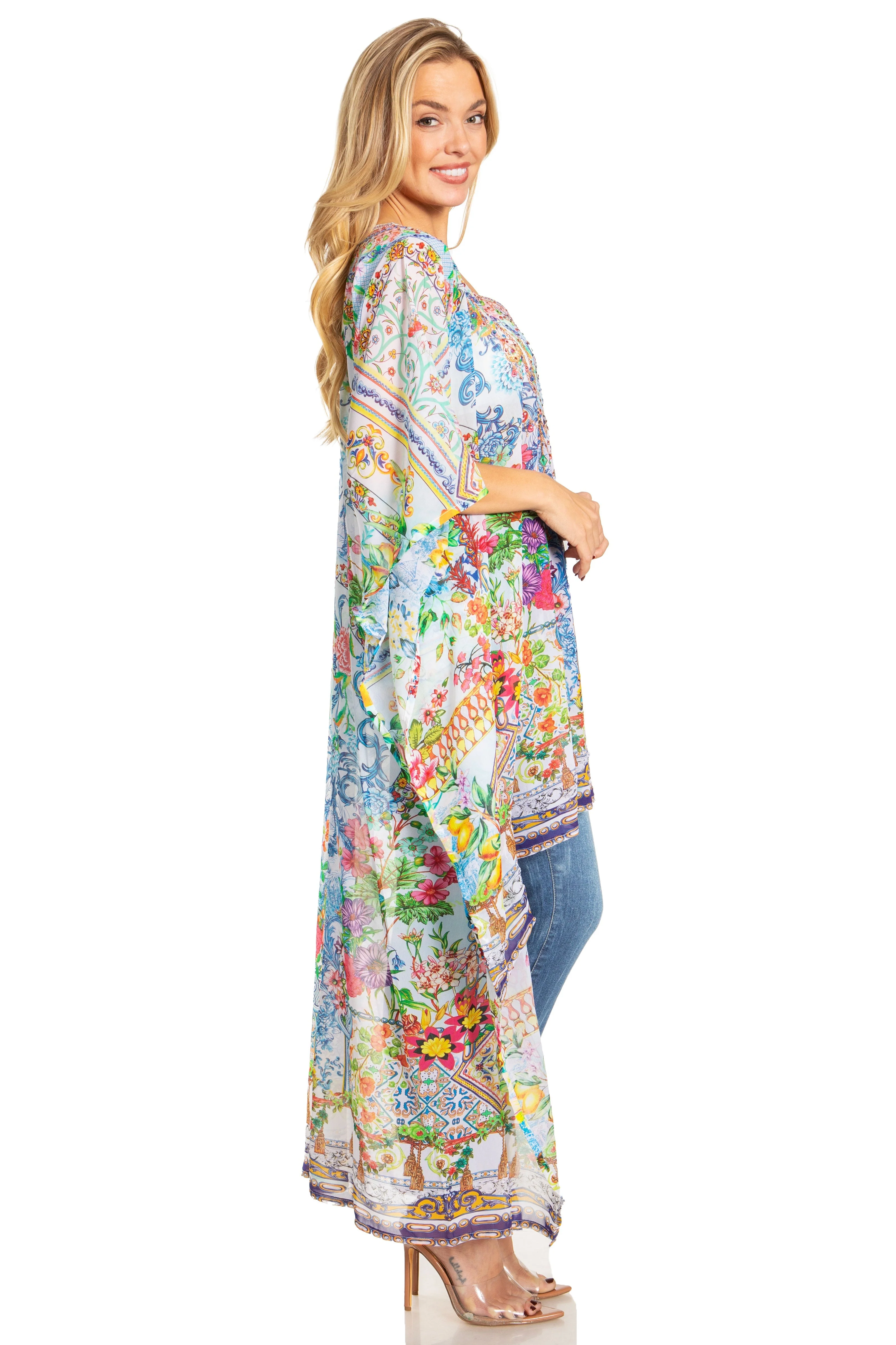 Sakkas Zeke Hi Low V-Neck Caftan Dress Printed Top Cover / Up - Image 39