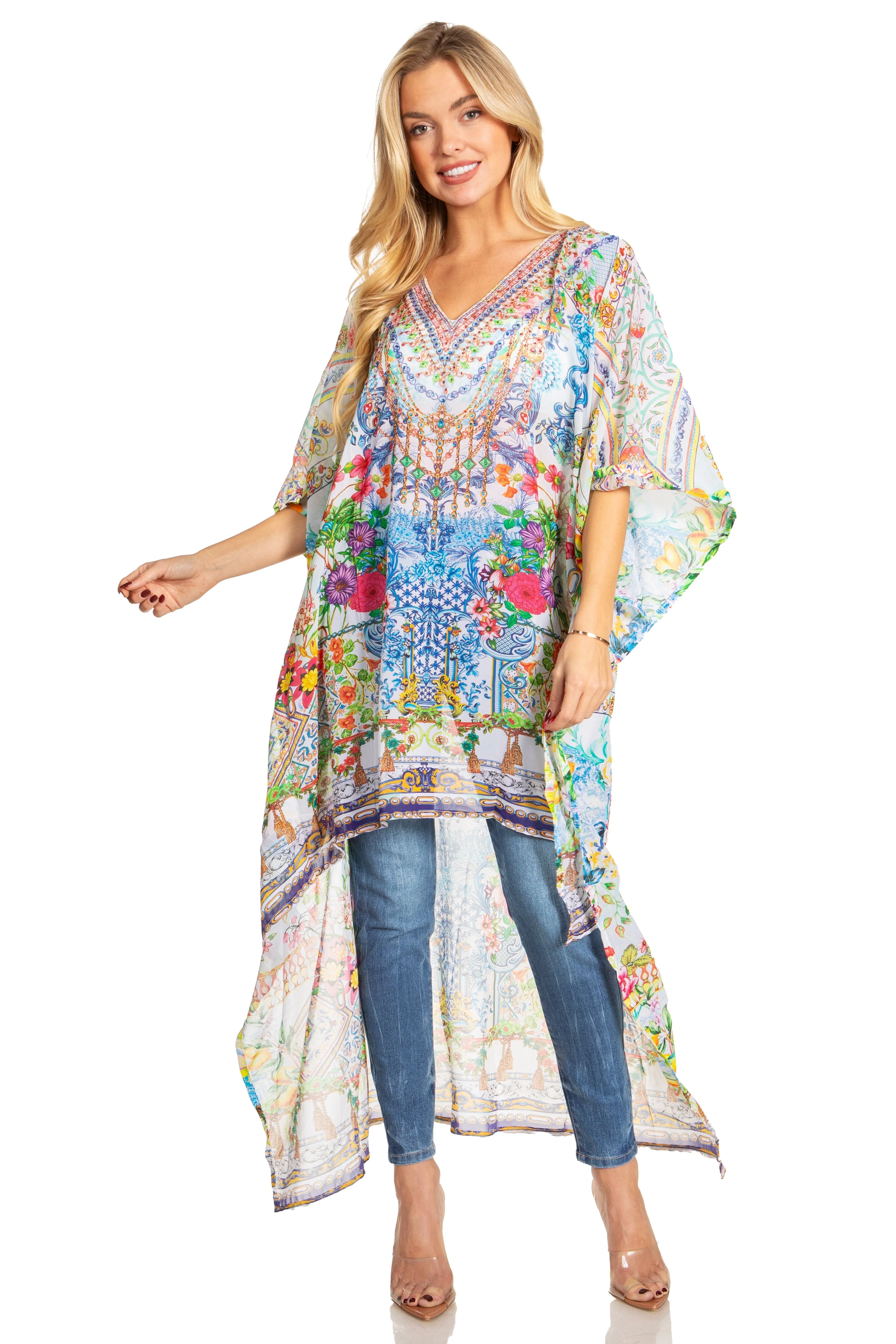 Sakkas Zeke Hi Low V-Neck Caftan Dress Printed Top Cover / Up - Image 40