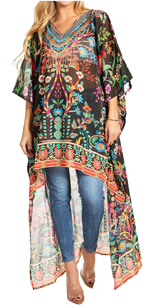 Sakkas Zeke Hi Low V-Neck Caftan Dress Printed Top Cover / Up - Image 41