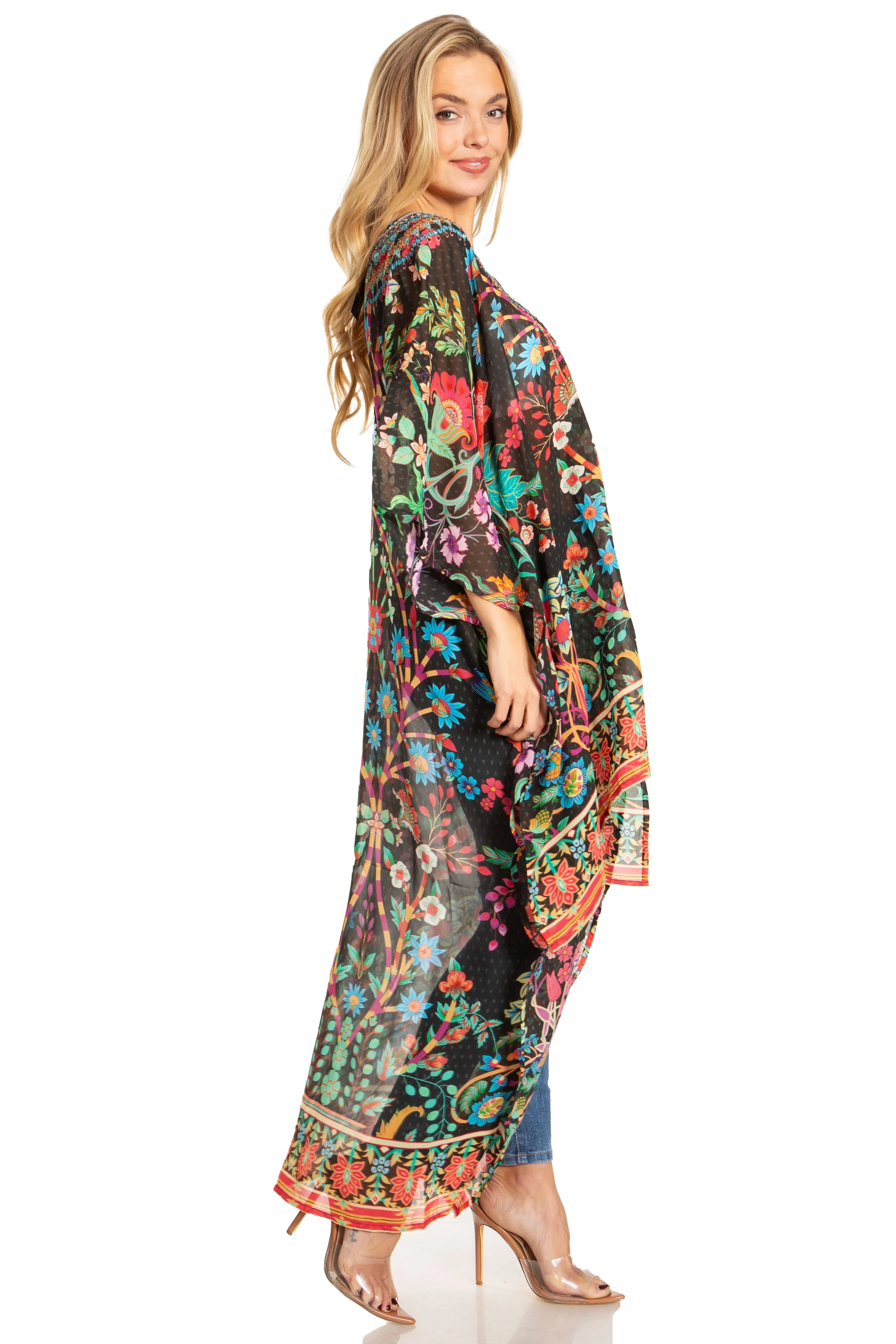 Sakkas Zeke Hi Low V-Neck Caftan Dress Printed Top Cover / Up - Image 44