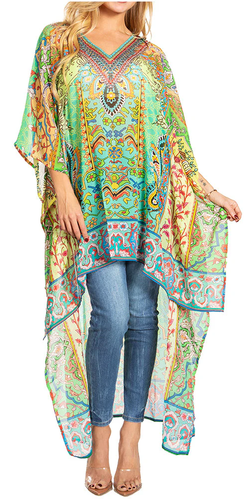 Sakkas Zeke Hi Low V-Neck Caftan Dress Printed Top Cover / Up - Image 46
