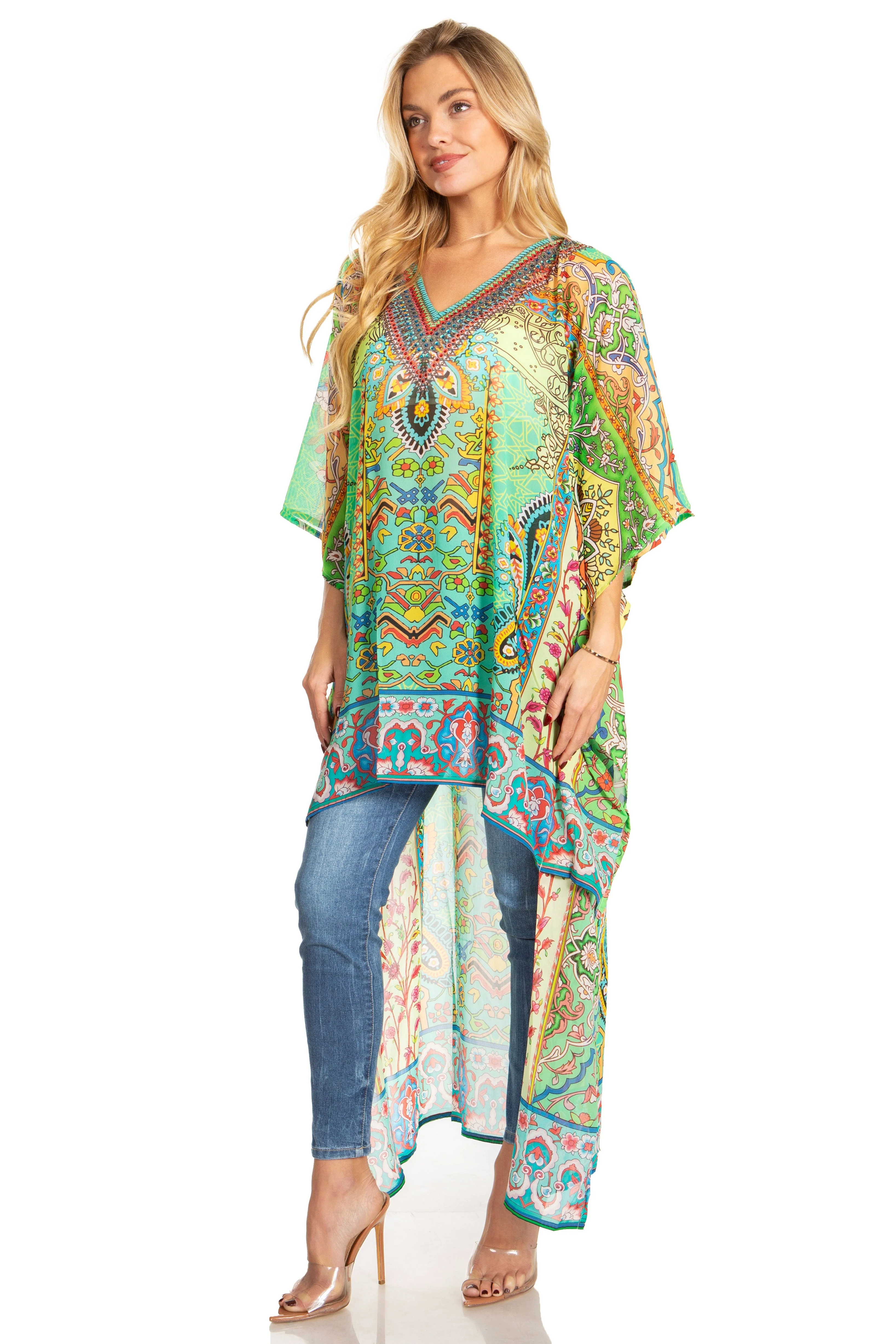 Sakkas Zeke Hi Low V-Neck Caftan Dress Printed Top Cover / Up - Image 48