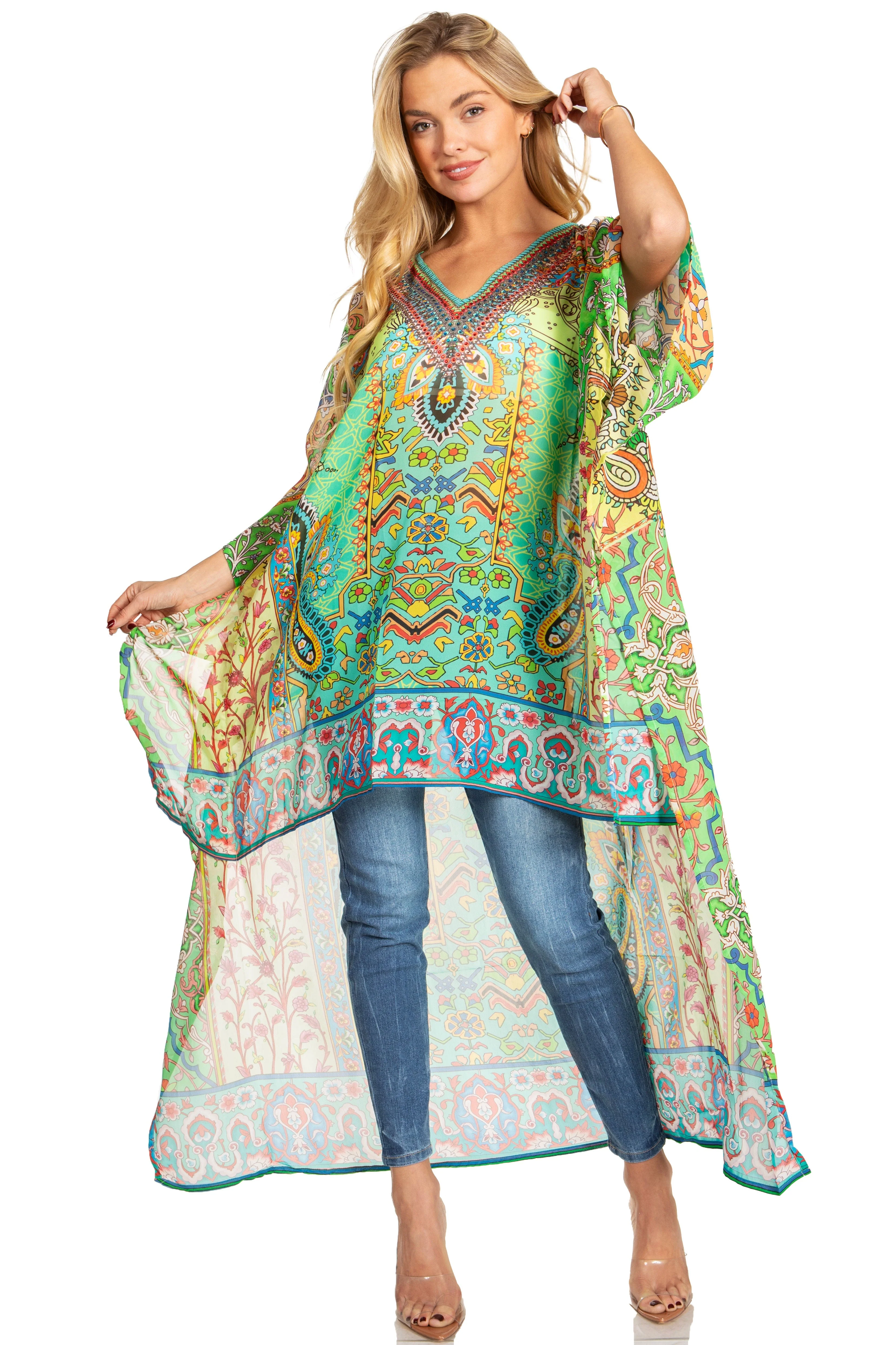 Sakkas Zeke Hi Low V-Neck Caftan Dress Printed Top Cover / Up - Image 50
