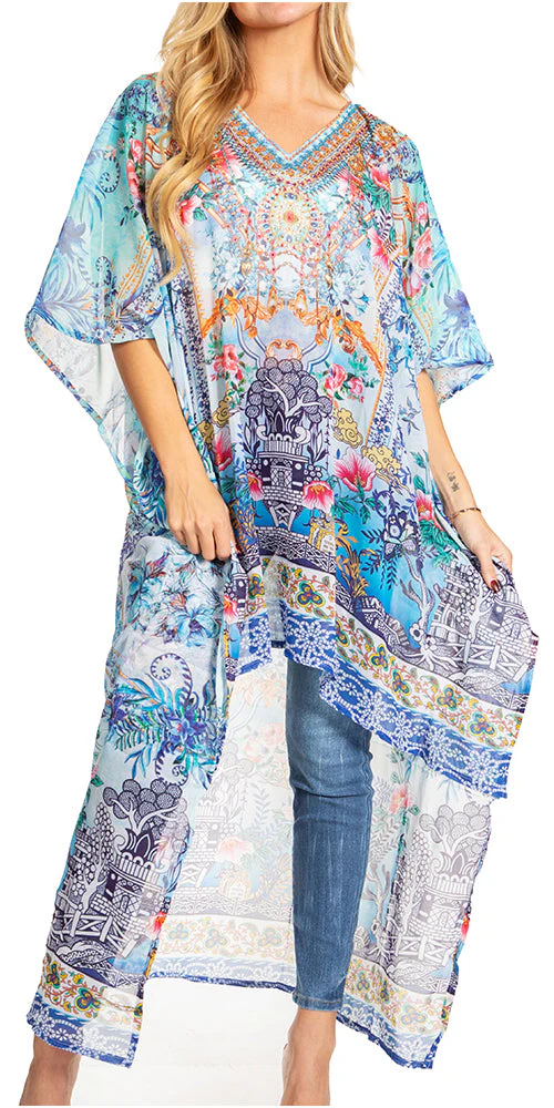 Sakkas Zeke Hi Low V-Neck Caftan Dress Printed Top Cover / Up - Image 56