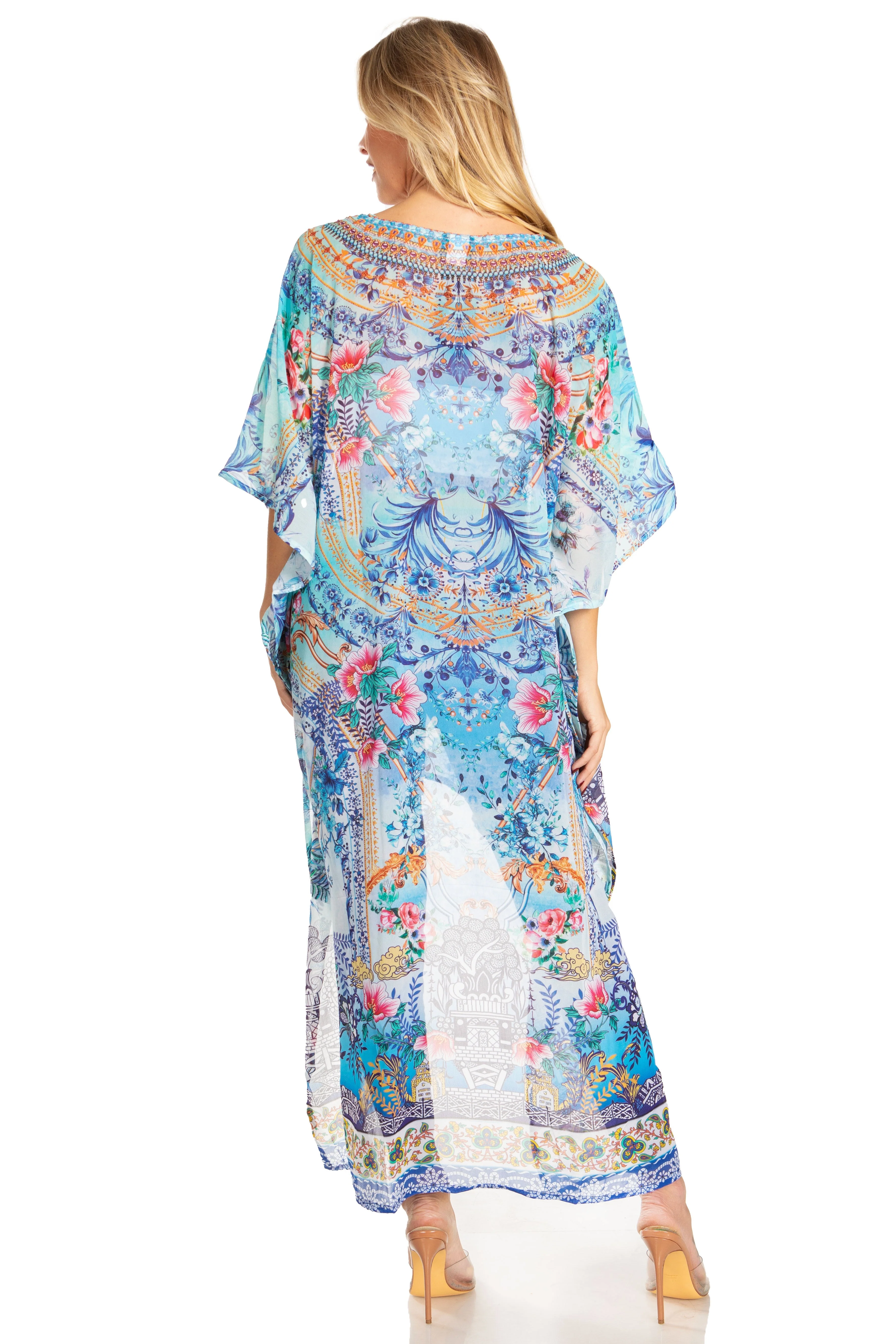 Sakkas Zeke Hi Low V-Neck Caftan Dress Printed Top Cover / Up - Image 57