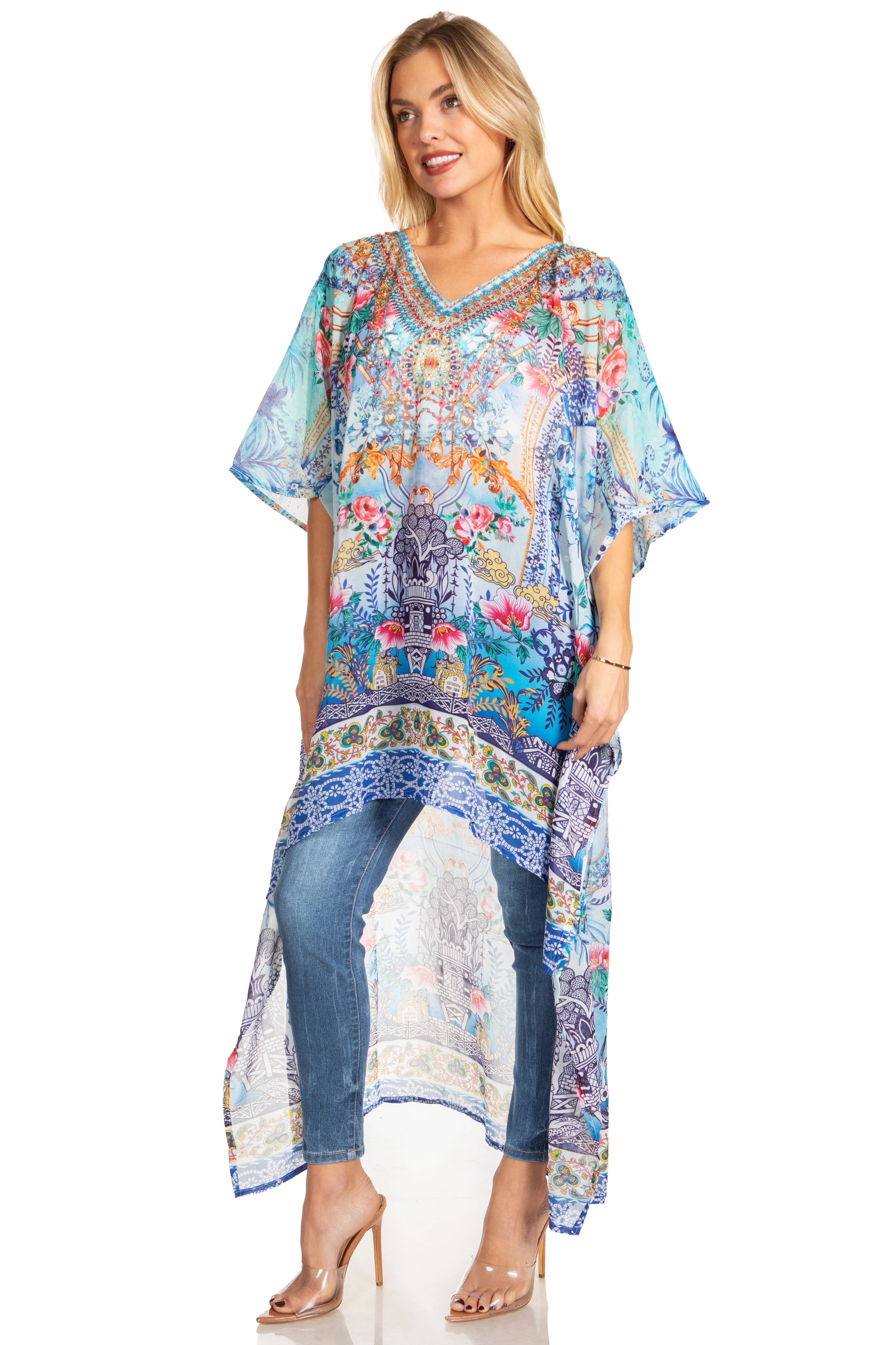 Sakkas Zeke Hi Low V-Neck Caftan Dress Printed Top Cover / Up - Image 58