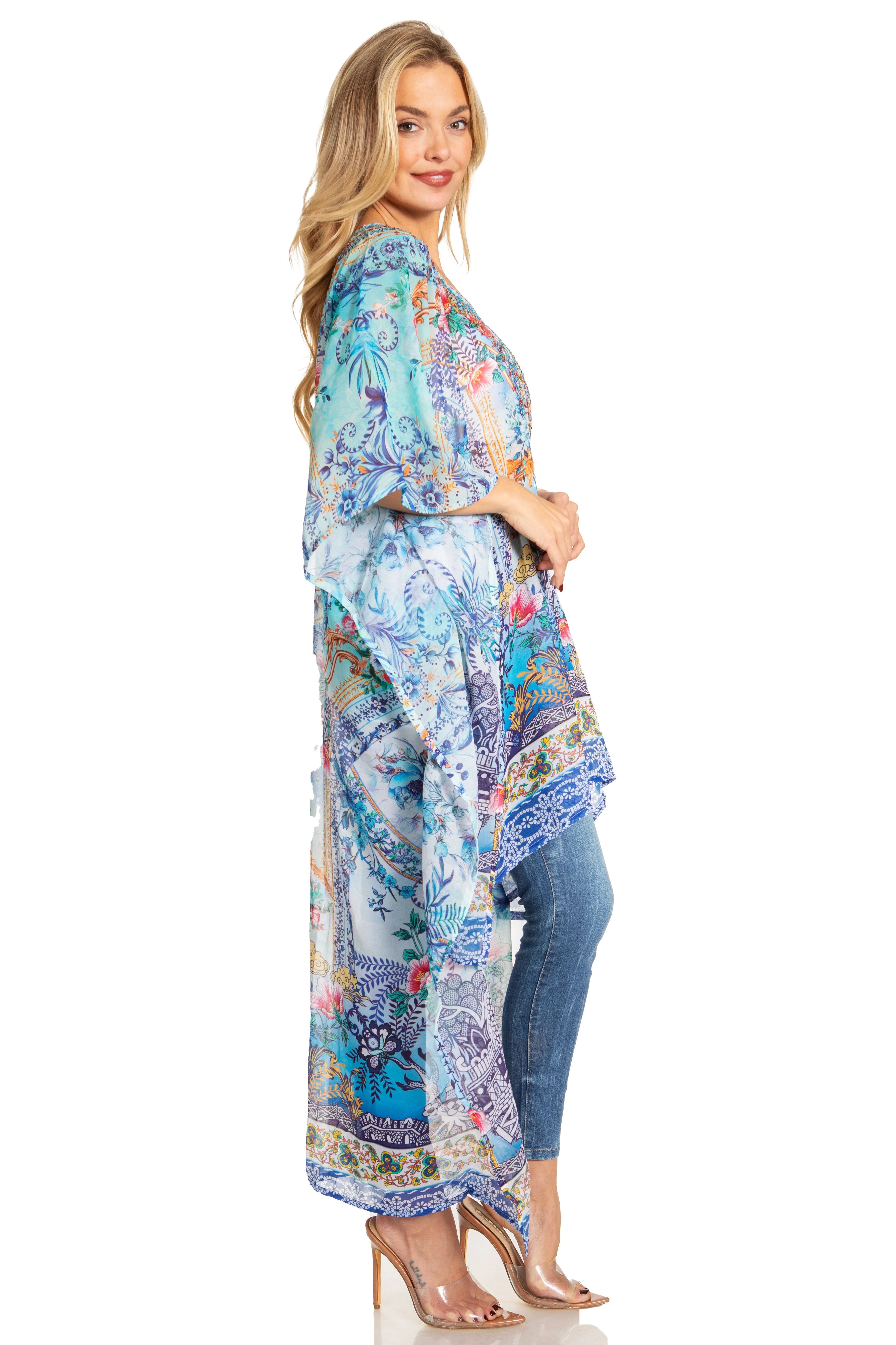 Sakkas Zeke Hi Low V-Neck Caftan Dress Printed Top Cover / Up - Image 59