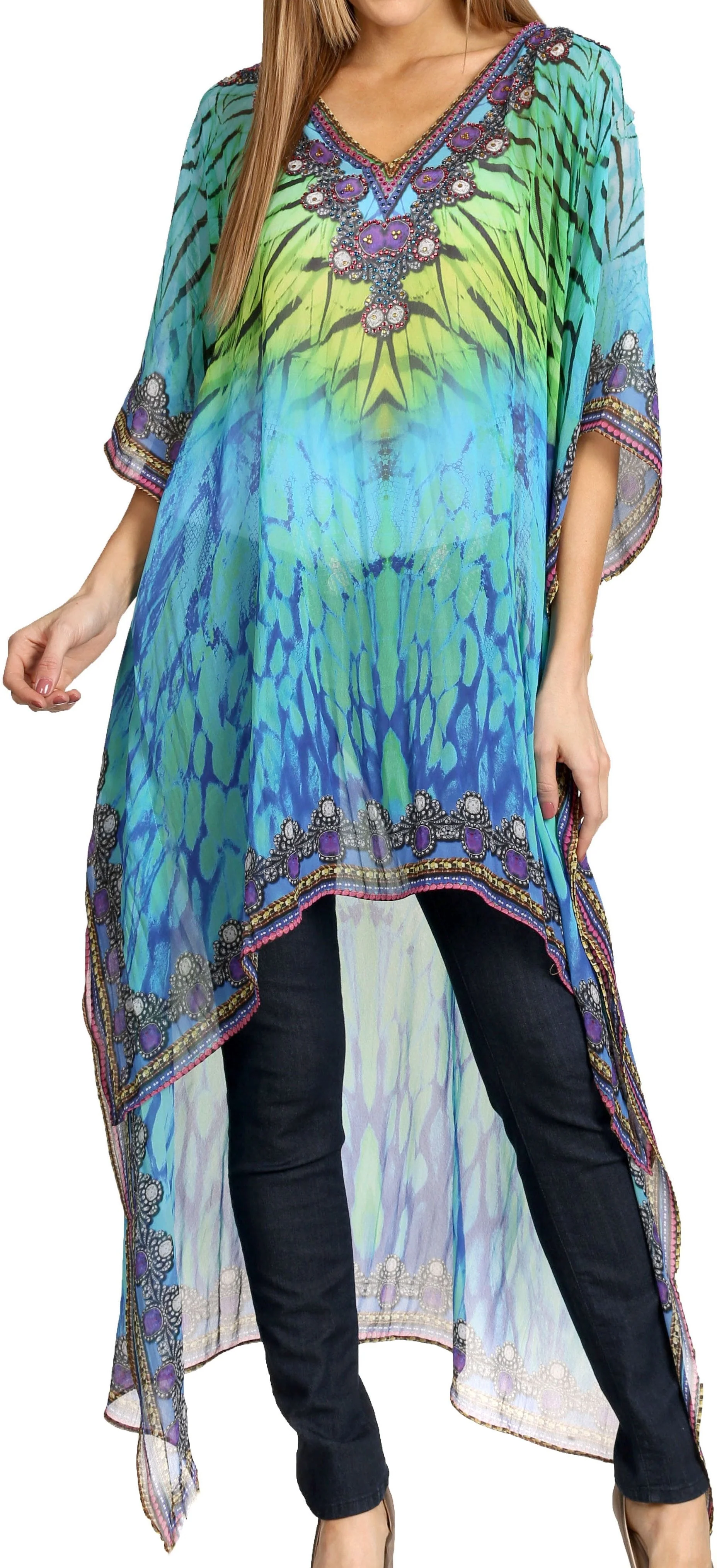 Sakkas Zeke Hi Low V-Neck Caftan Dress Printed Top Cover / Up - Image 6