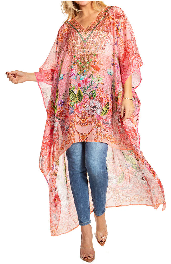 Sakkas Zeke Hi Low V-Neck Caftan Dress Printed Top Cover / Up - Image 61